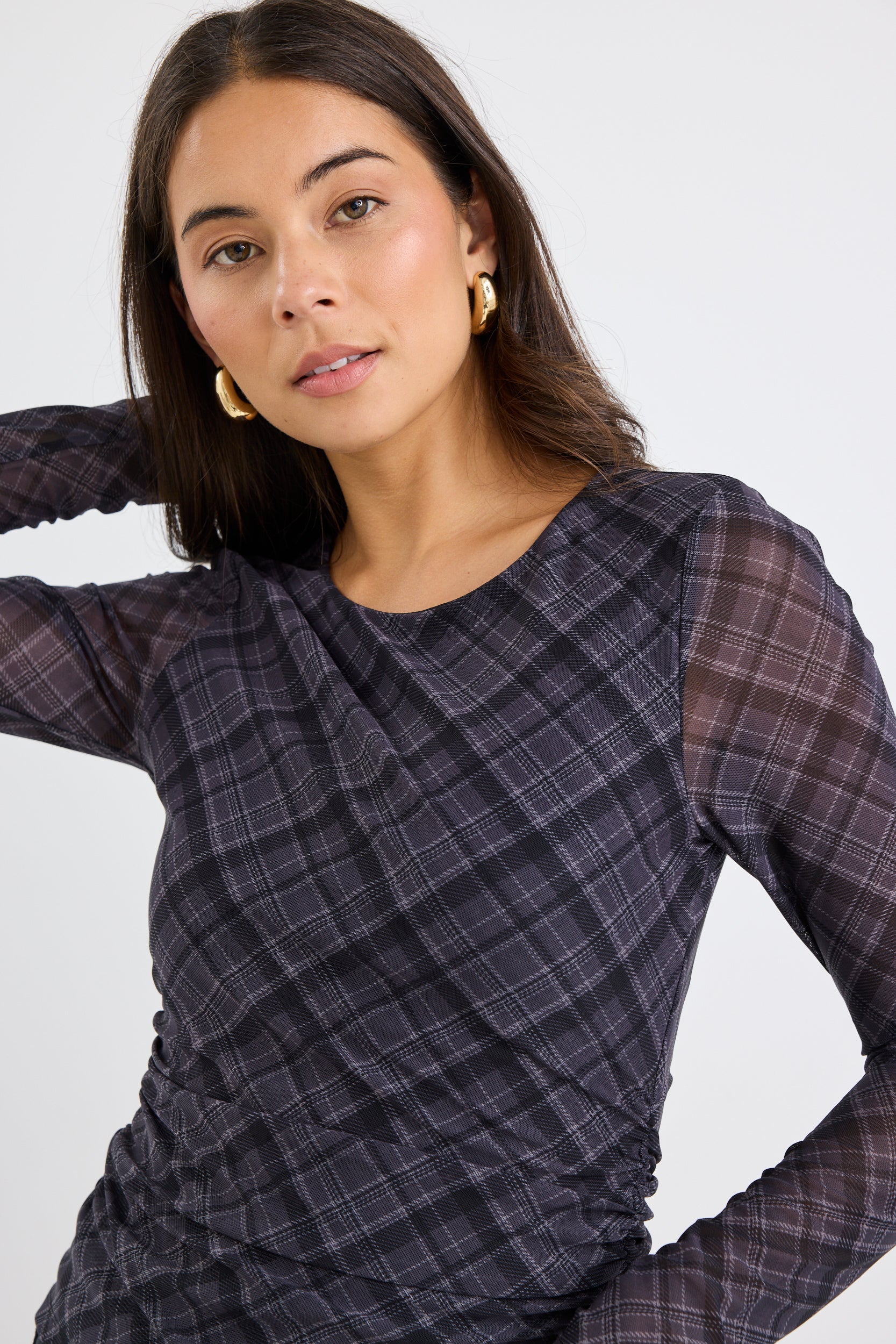 Charcoal Check Long Sleeve Wide Neck Top for Women - Stylish & Comfortable Fall Fashion - Perfect for Casual Outings & Layering