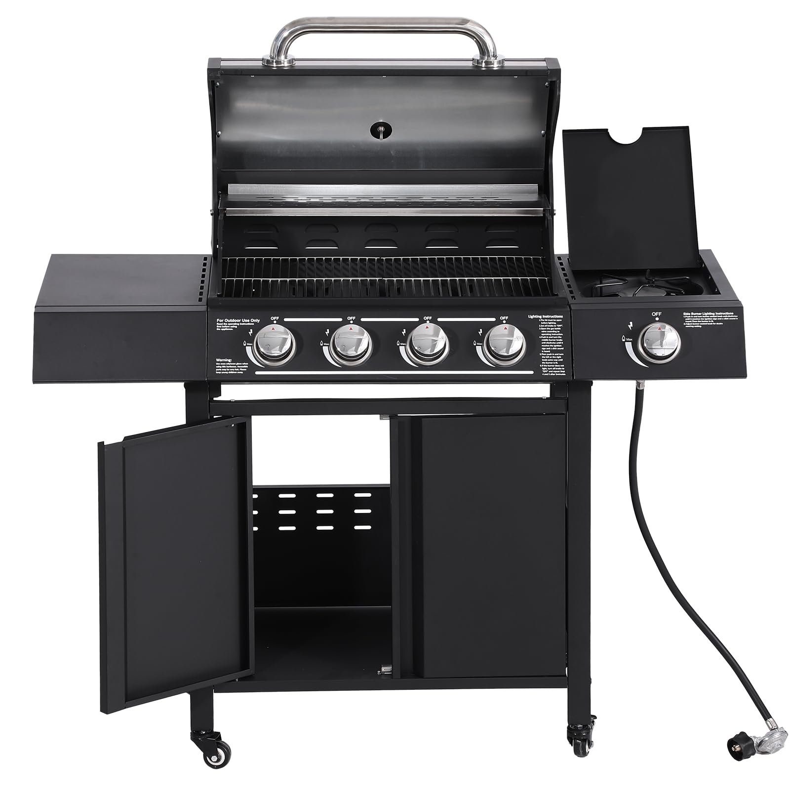 4-Burner Propane Gas BBQ Grill - High-Strength Cast Iron with Side Burner, 50,000 BTU Portable Outdoor Grill with 4 Wheels & 449 SQ.IN Cooking Area - Perfect for Backyard Barbecues, Camping Trips, Tailgating Parties and Family Gatherings