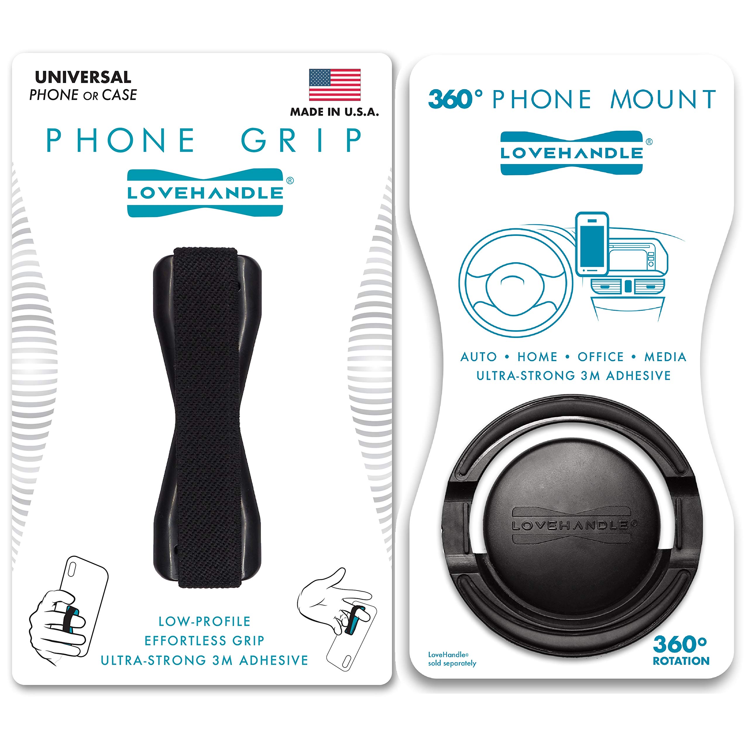 LOVEHANDLE Universal Phone Holder & Grip with 360° Rotation - Car Mount Stand for iPhone, Samsung & Mini Tablets (Black) - Perfect for Driving, Watching Videos & Hands-Free Use