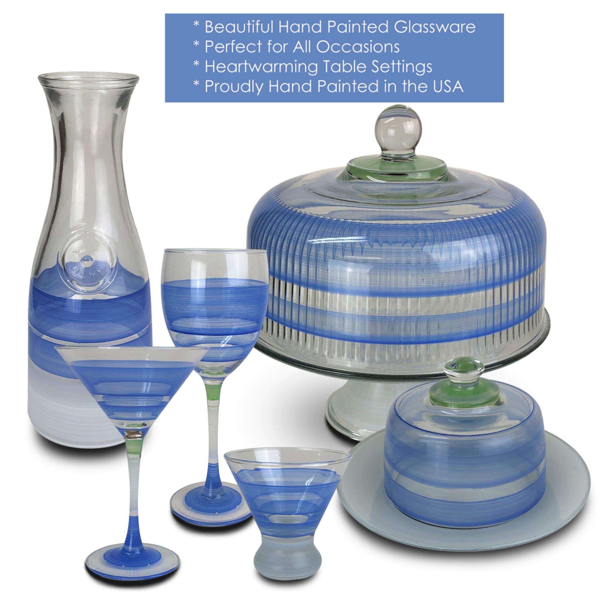 Set of 2 Blue Retro Stripe Hand Painted Cosmopolitan Wine Glasses - 8.25oz Stemware for Cocktails, Parties & Home Bar Decor - Elegant Drinkware for Entertaining & Gifts