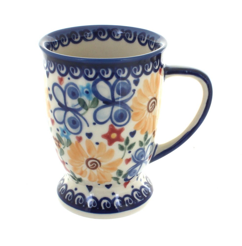 Handmade Blue Rose Polish Pottery Butterfly Pedestal Coffee Mug - Elegant Tea & Coffee Cup for Home, Office, and Gift Giving