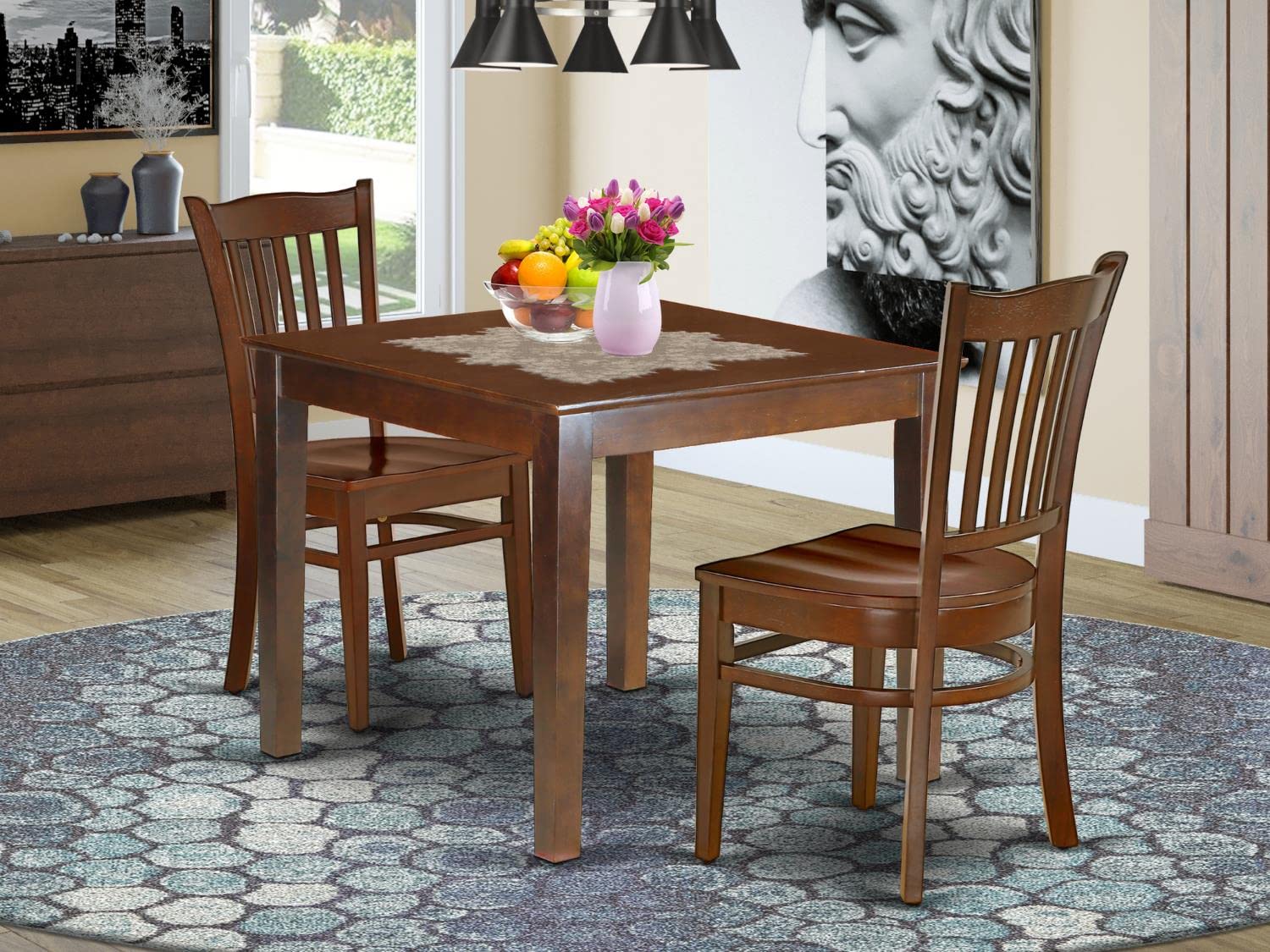 East West Furniture OXGR3-MAH-W 3-Piece Square Dining Table Set with 2 Wooden Chairs for Small Spaces - 36x36 Inch Mahogany Finish - Perfect for Apartments, Breakfast Nooks & Compact Dining Areas