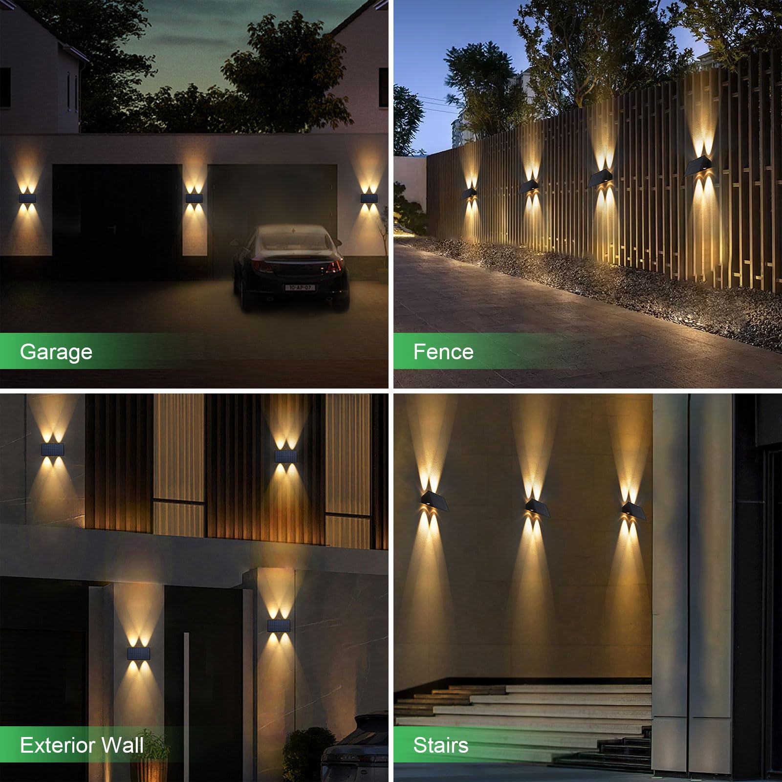 Solar Powered Outdoor Wall Lights Up and Down 4 Pack - 4 LED Waterproof Exterior Wall Sconces with IP65 Rating - Warm White Lighting for Yard, Garden, Garage, Pool & Deck - Perfect for Pathway, Patio, Porch and Landscape Illumination