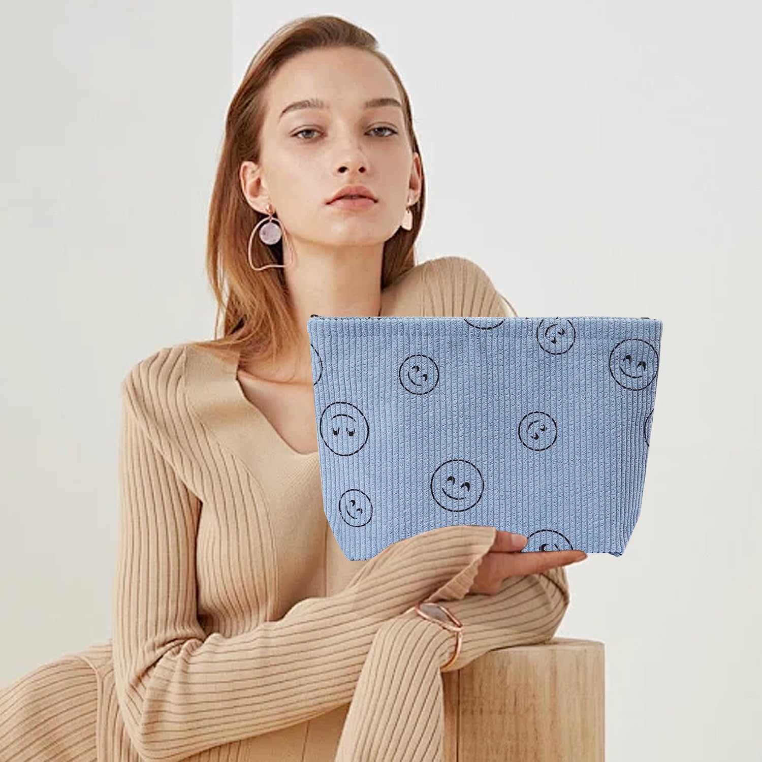 Preppy Cute Corduroy Cosmetic Bag for Women | Travel Makeup & Toiletry Organizer | Waterproof & Durable | Perfect for Gym, Vacation & Daily Use (Blue)