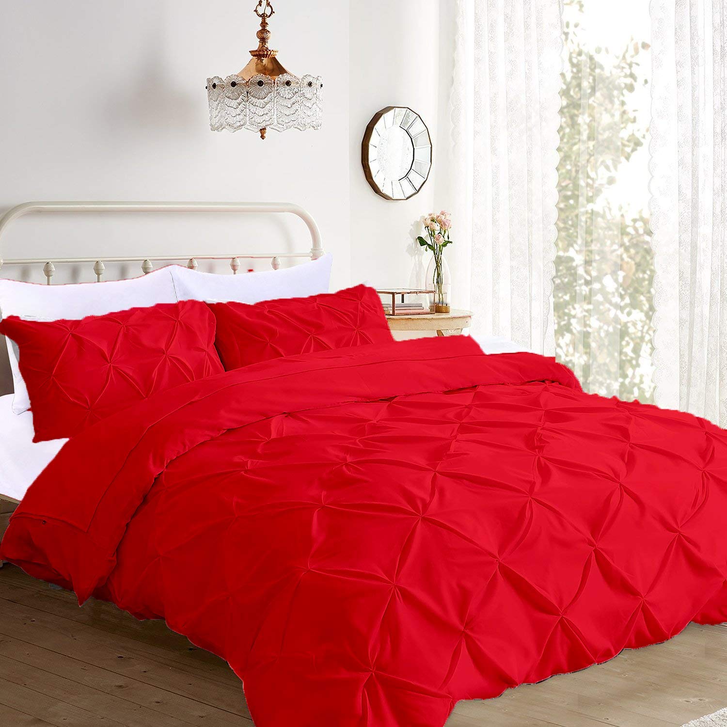 Luxury 5-Piece 100% Egyptian Cotton Pintuck Comforter Set - 400 Thread Count, 300 GSM Ultra Soft Bedding with Pinch Pleat Design (Queen Size, Red) - Perfect for Master Bedroom, Guest Room & Hotel Decor