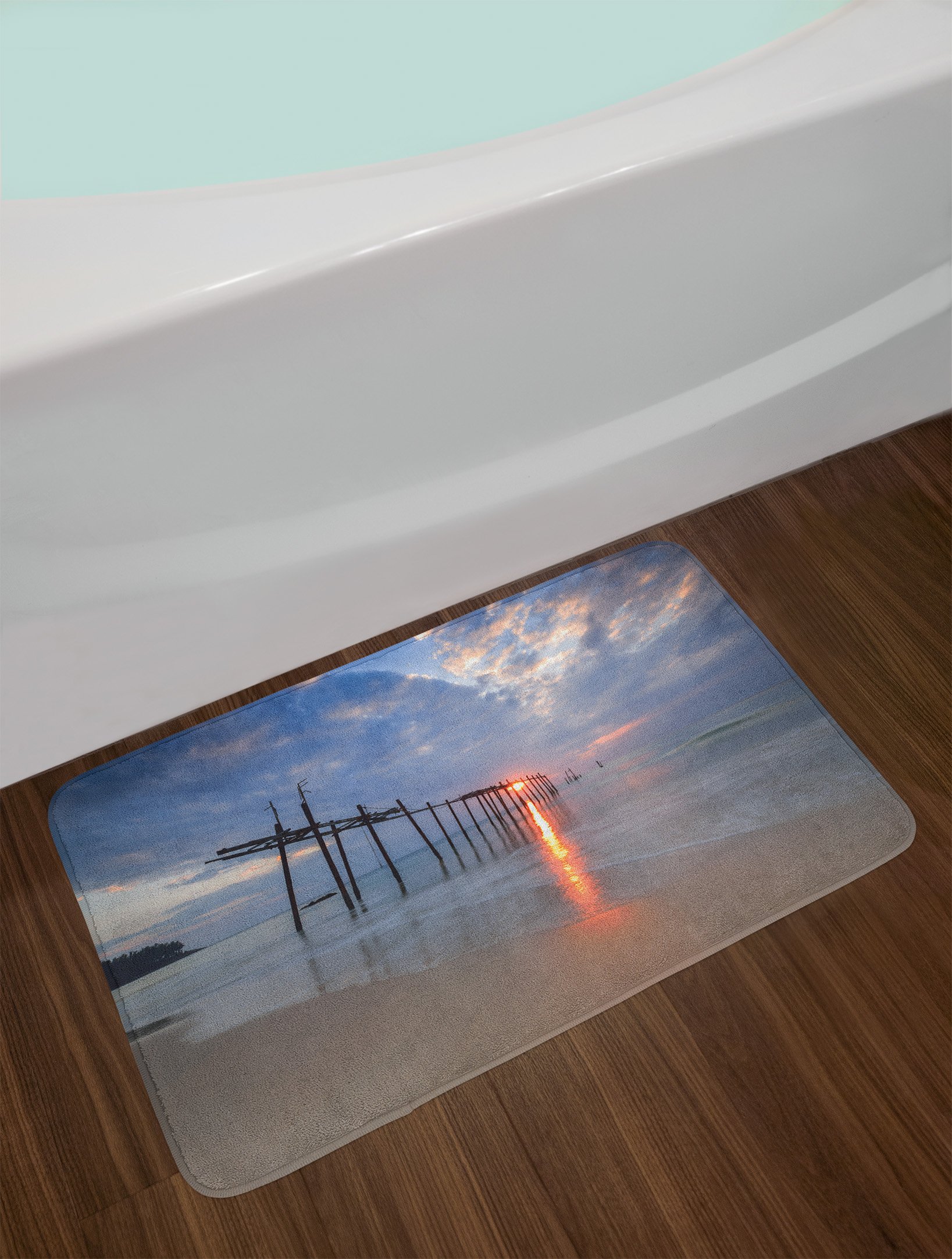 Ambesonne Non-Slip Plush Bath Mat - Thailand Sunset Beach Landscape with Sunbeams & Old Bridge, 30.2