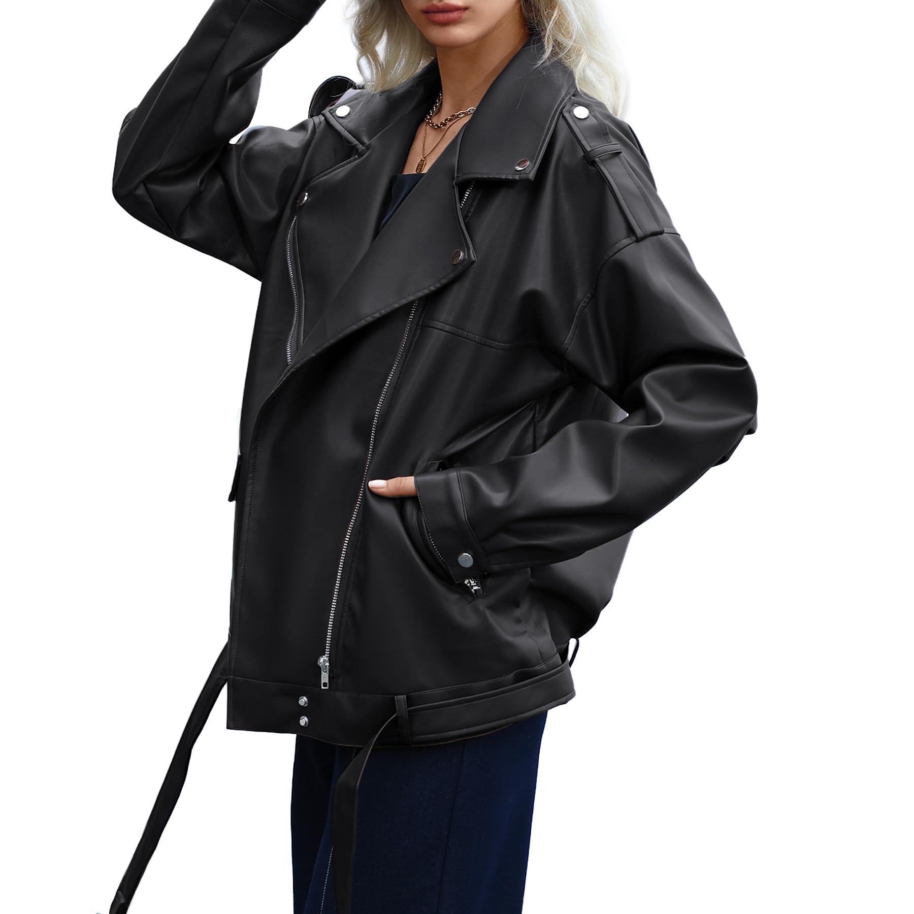 Zando Women's Oversized Faux Leather Motorcycle Jacket - Stylish Biker Bomber Jacket for Fall Fashion - Perfect for Casual Outfits, Riding & Night Out