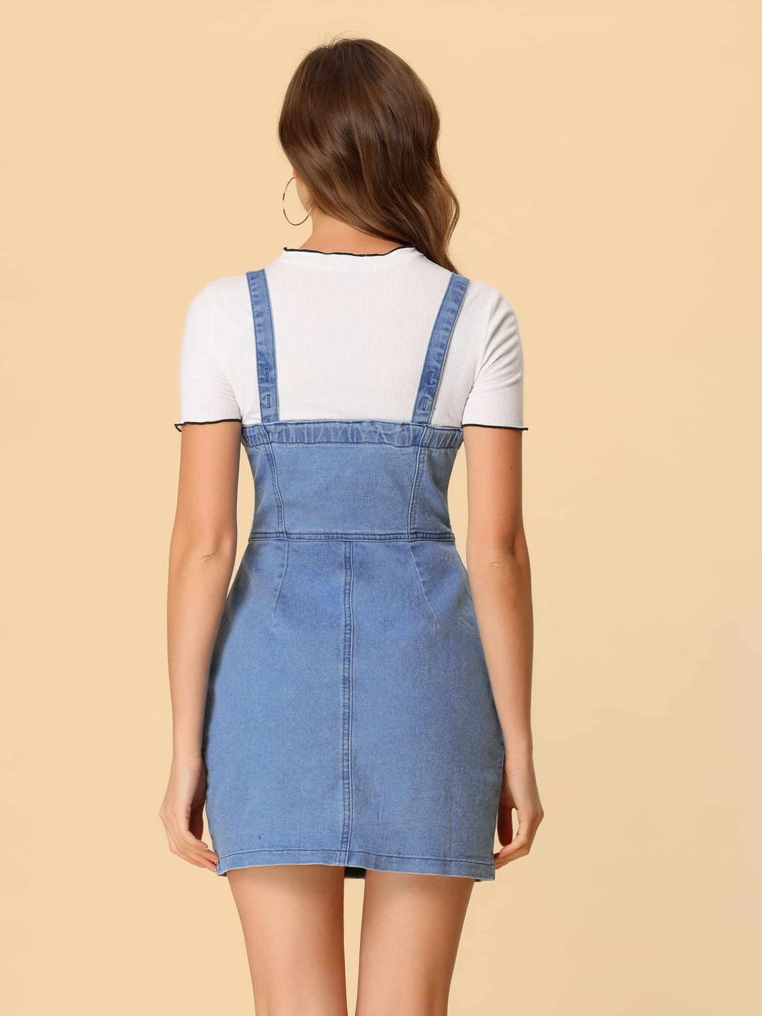 Allegra K Women's Denim Overalls Dress - Button Front Adjustable Straps Mini Jumpsuit for Casual Outings, Brunch Dates & Summer Fashion