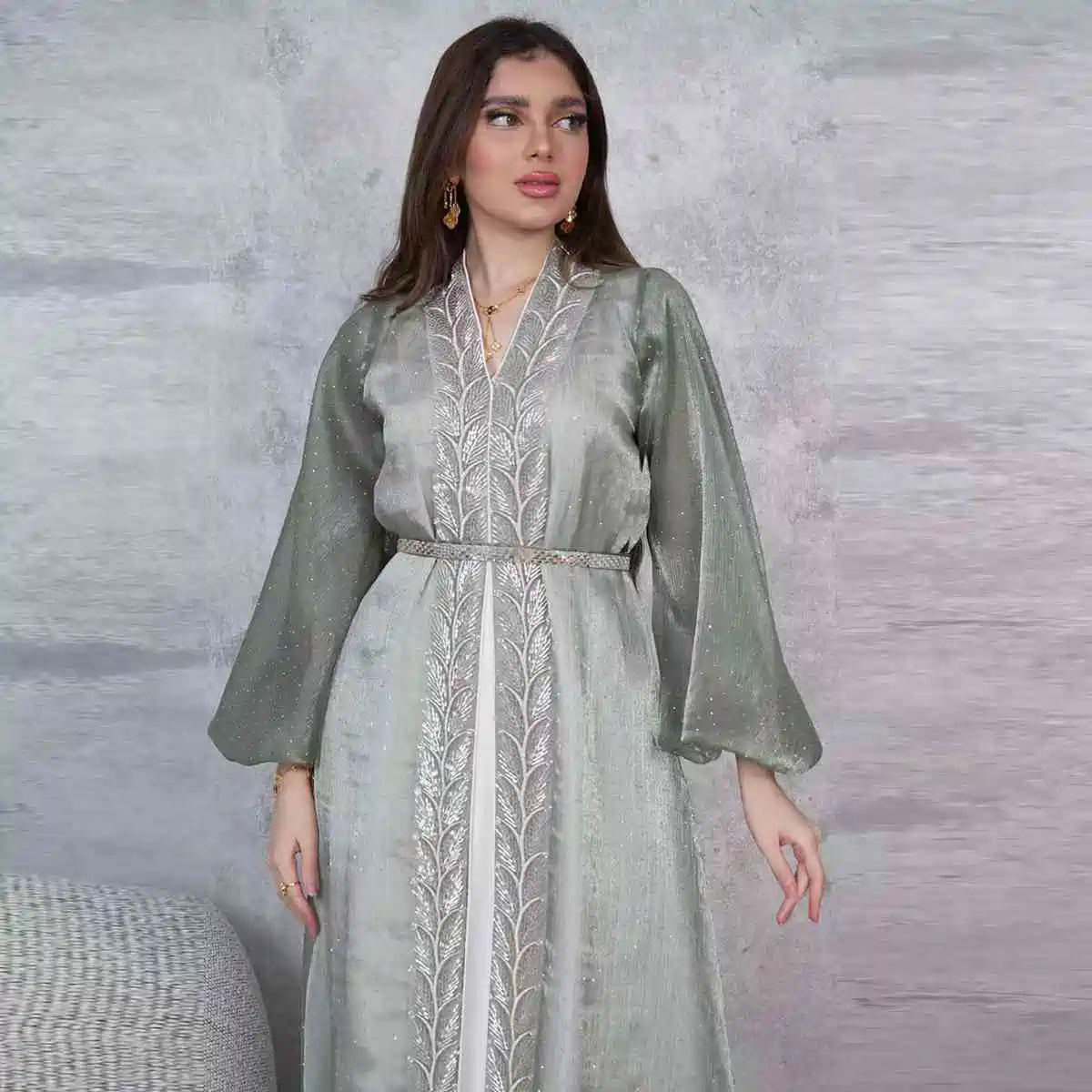 2-Piece Hotfix Rhinestone Caftan Dress Set with Inner Sleeveless Dress #25453 - Elegant Beach Cover Up, Evening Gown & Summer Party Wear for Women