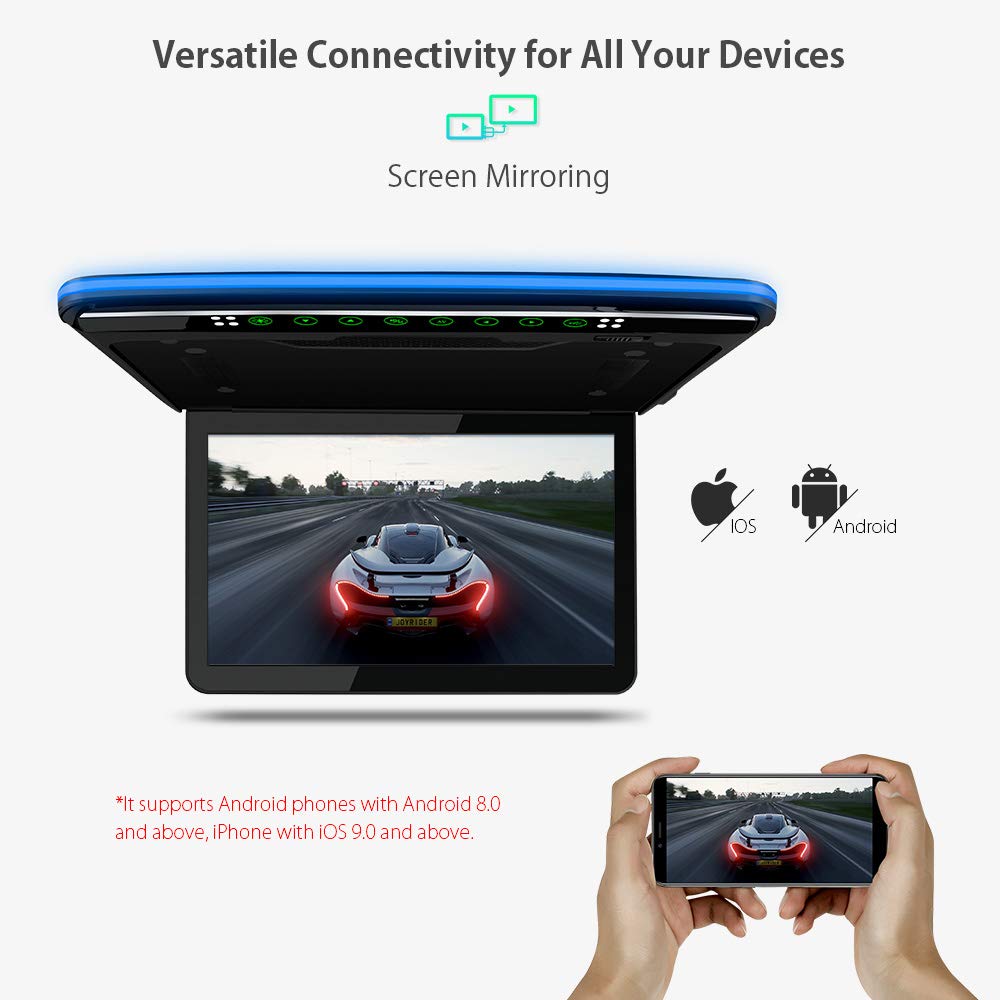 XTRONS 13.3 Inch Android Car Overhead Player - IPS HD Flip Down Roof Mount Monitor with Built-in Stereo Speakers, 8K Video, Bluetooth, WiFi, HDMI, USB - Perfect for Road Trips, Family Travel & Kids Entertainment in SUVs and Minivans