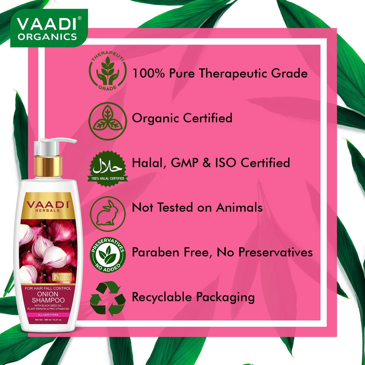 Vaadi Herbals Onion Shampoo for Hair Growth & Hair Fall Control - 350ml | Natural Hair Care Solution for Thicker, Stronger Hair | Perfect for Daily Use & Damaged Hair Repair