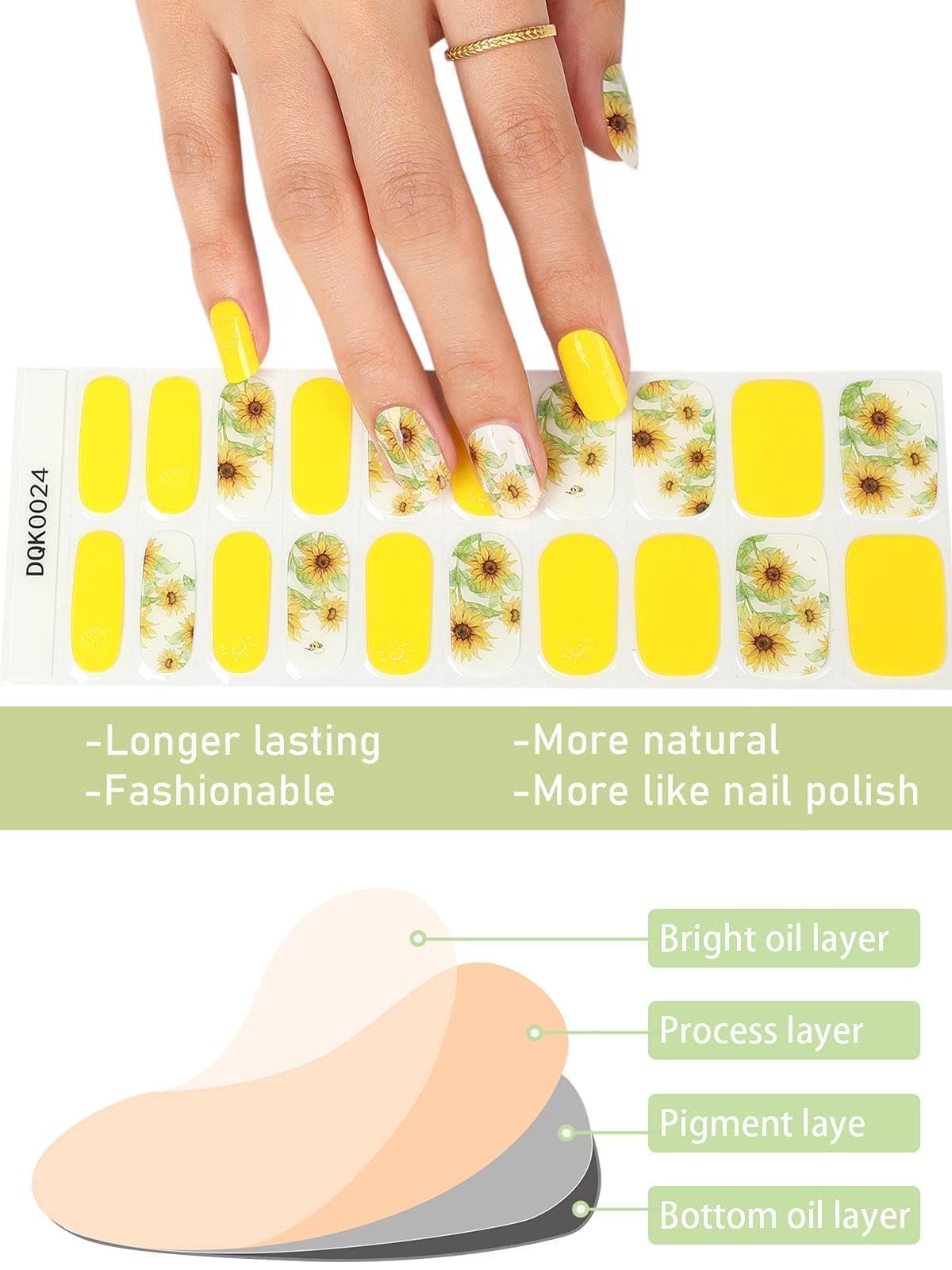 Kalolary Sunflower Gel Nail Polish Strips - Daisy Nail Art Stickers Kit for Summer Manicure | Includes Cuticle Pusher & Nail File | Perfect for Vacation, Beach Trips & Summer Parties
