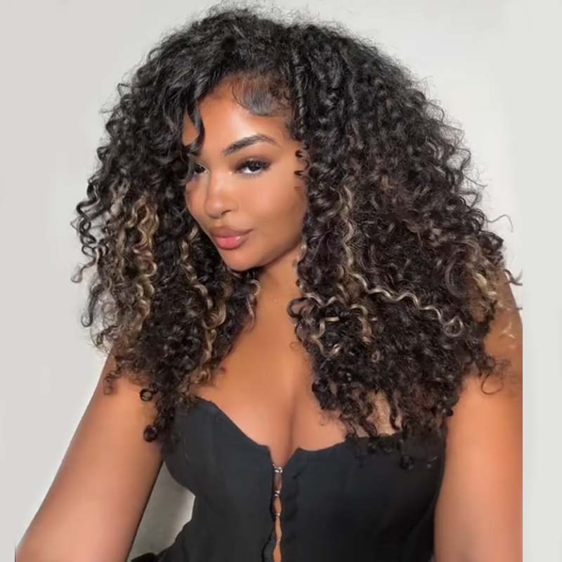 Eullair Honey Brown Highlighted Miro Curly Human Hair Lace Front Wig - Pre-Colored Glueless Lace Frontal Wig for Women, Natural Look for Daily Wear & Special Occasions
