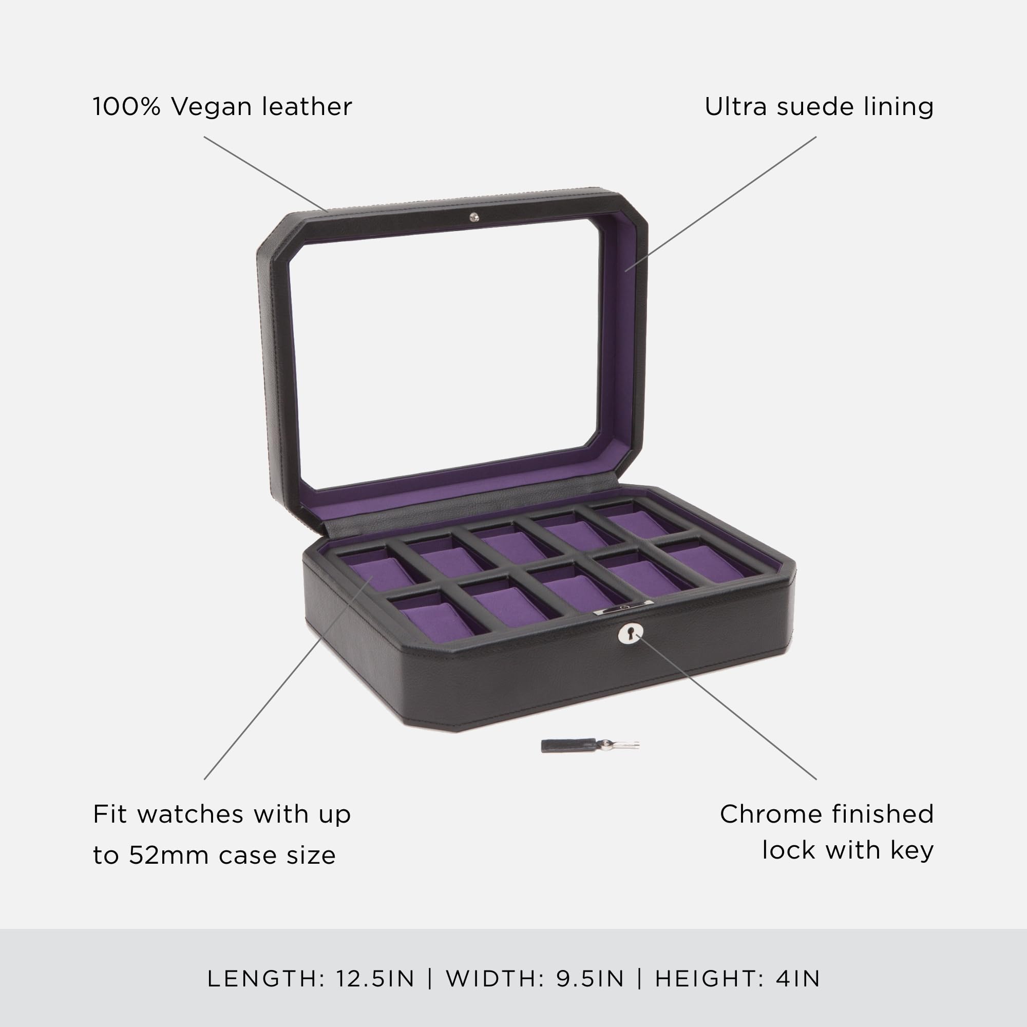 Premium WOLF Windsor 10-Slot Watch Organizer Box - Genuine Vegan Leather Storage Case with Soft Cushioning for Men's & Women's Watches - Perfect for Travel, Home Display & Jewelry Collection Organization