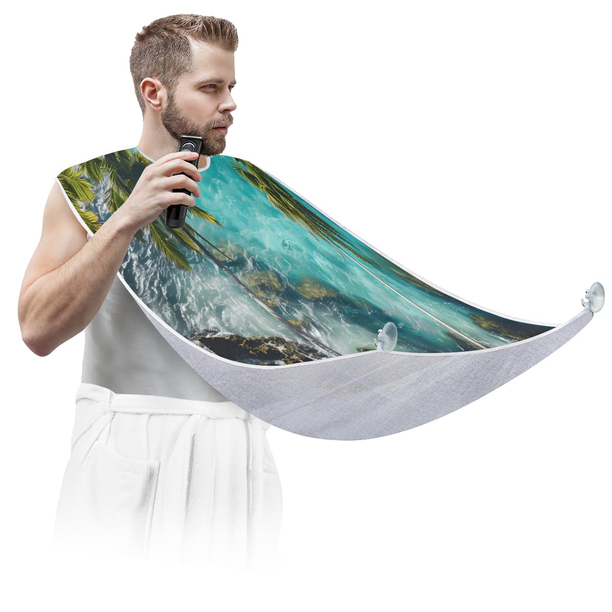 Blue Ocean Palm Beard Shaving Bib for Men - Waterproof Hair Dye Apron & Makeup Cape for Women - Sink Hair Catcher & Beard Trimming Tool - Perfect for Barbershops, Home Grooming & Salon Styling
