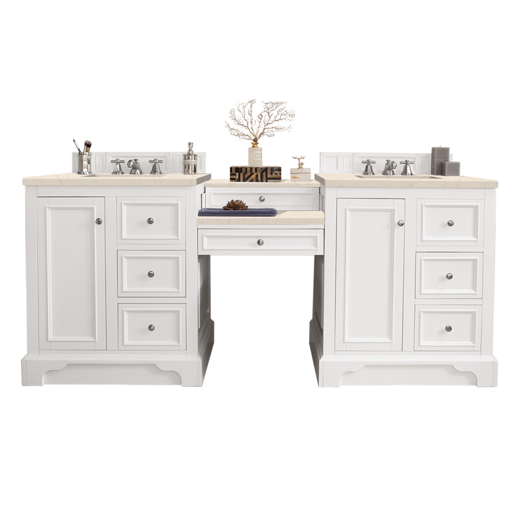De Soto 82 Inch Double Vanity Set with Makeup Table - Bright White Finish & 3CM Eternal Marfil Quartz Countertop - Perfect for Master Bathroom & Luxury Home Renovation