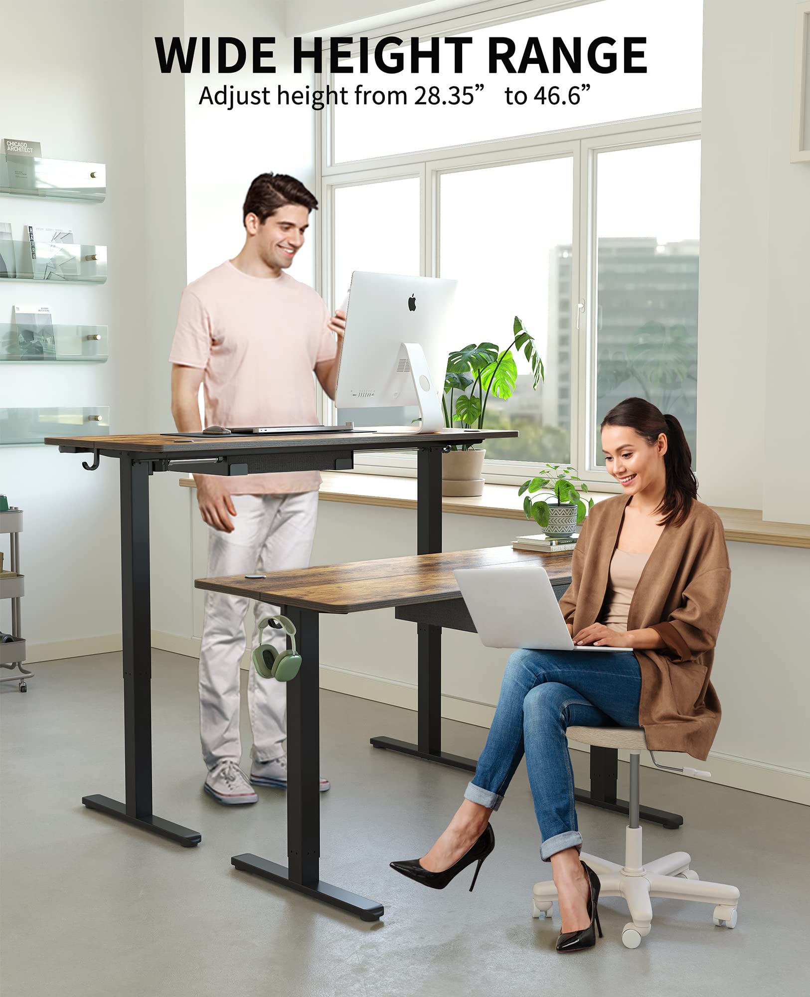 BANTI 55x24 Inches Adjustable Height Electric Standing Desk with Drawers - Black Frame & Rustic Brown Top - Sit Stand Home Office Desk for Ergonomic Workspace, Gaming Setup, and Remote Work Station