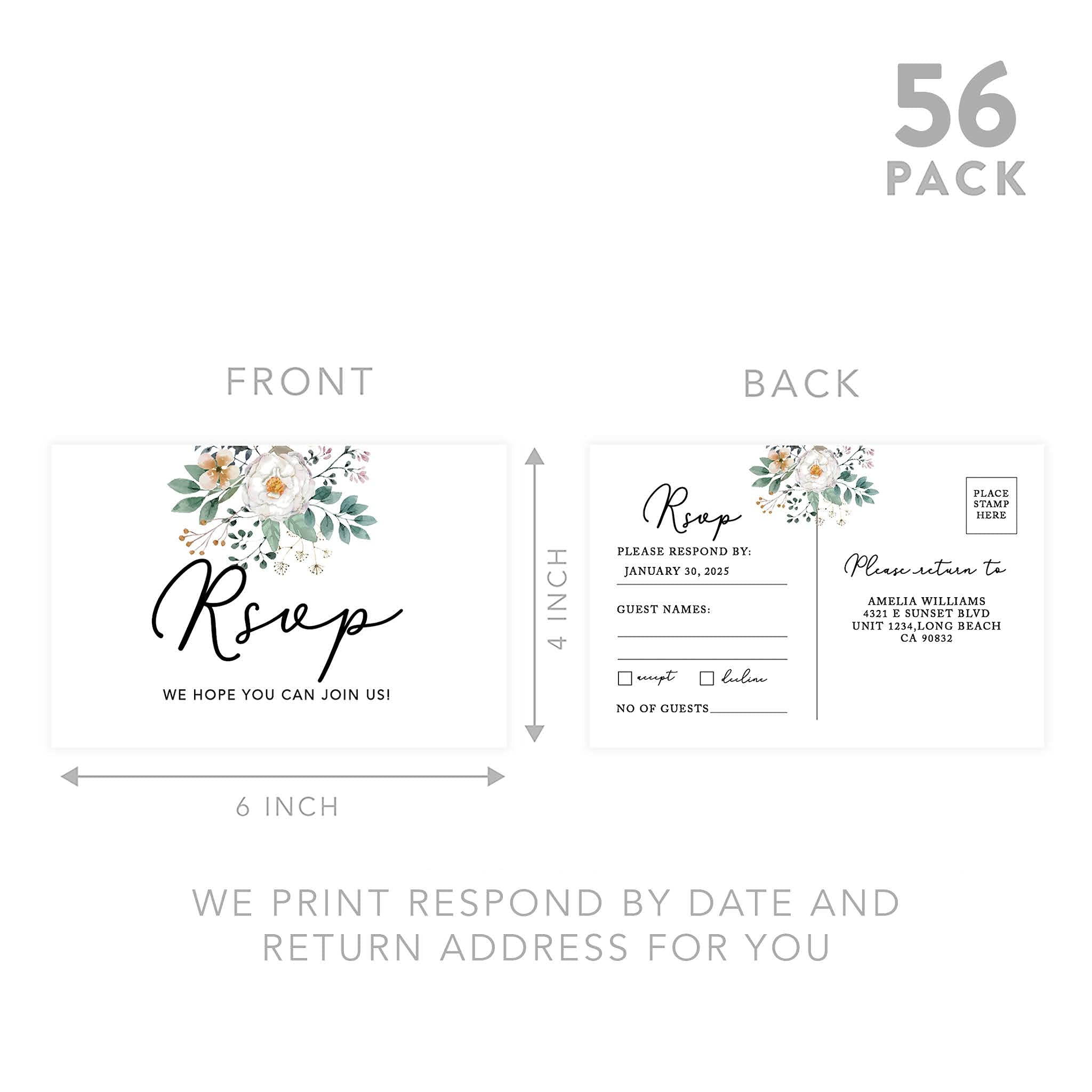 Personalized RSVP Postcards 56-Pack - Custom Wedding, Bridal Shower & Baby Shower Invitation Cards - Spring Floral Design on Premium Cardstock - 4x6 Inch Response Cards with Custom Date & Return Address - Perfect for Weddings, Birthdays & Special Events