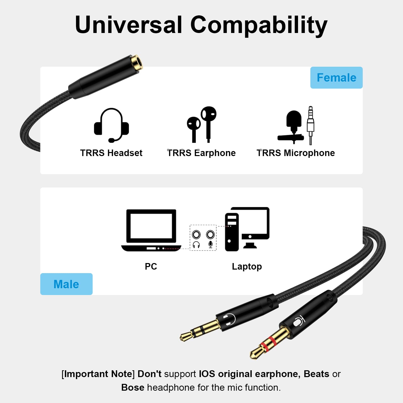 Premium 3.5mm PC Headset Splitter Cable - Mic & Audio Y Adapter for Gaming Headsets (Astro A10/A40, HyperX Cloud, SteelSeries, Sennheiser, Razer) - Perfect for Streaming, Online Meetings & Multi-Device Gaming Setups