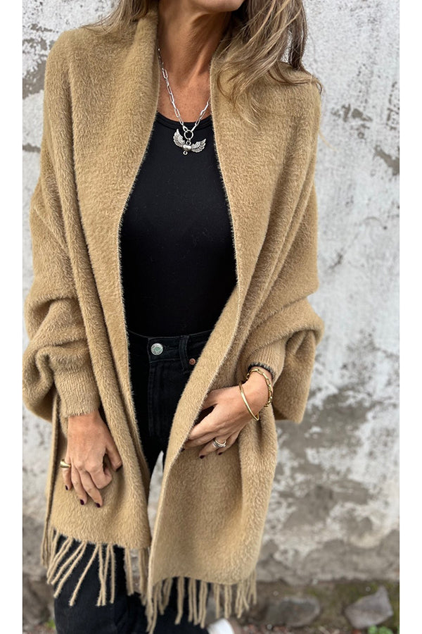 Cozy Knit Plush Tassel Trim Relaxed Shawl Cardigan for Women - Soft Warm Winter Wrap Sweater for Lounge, Travel & Casual Outfits