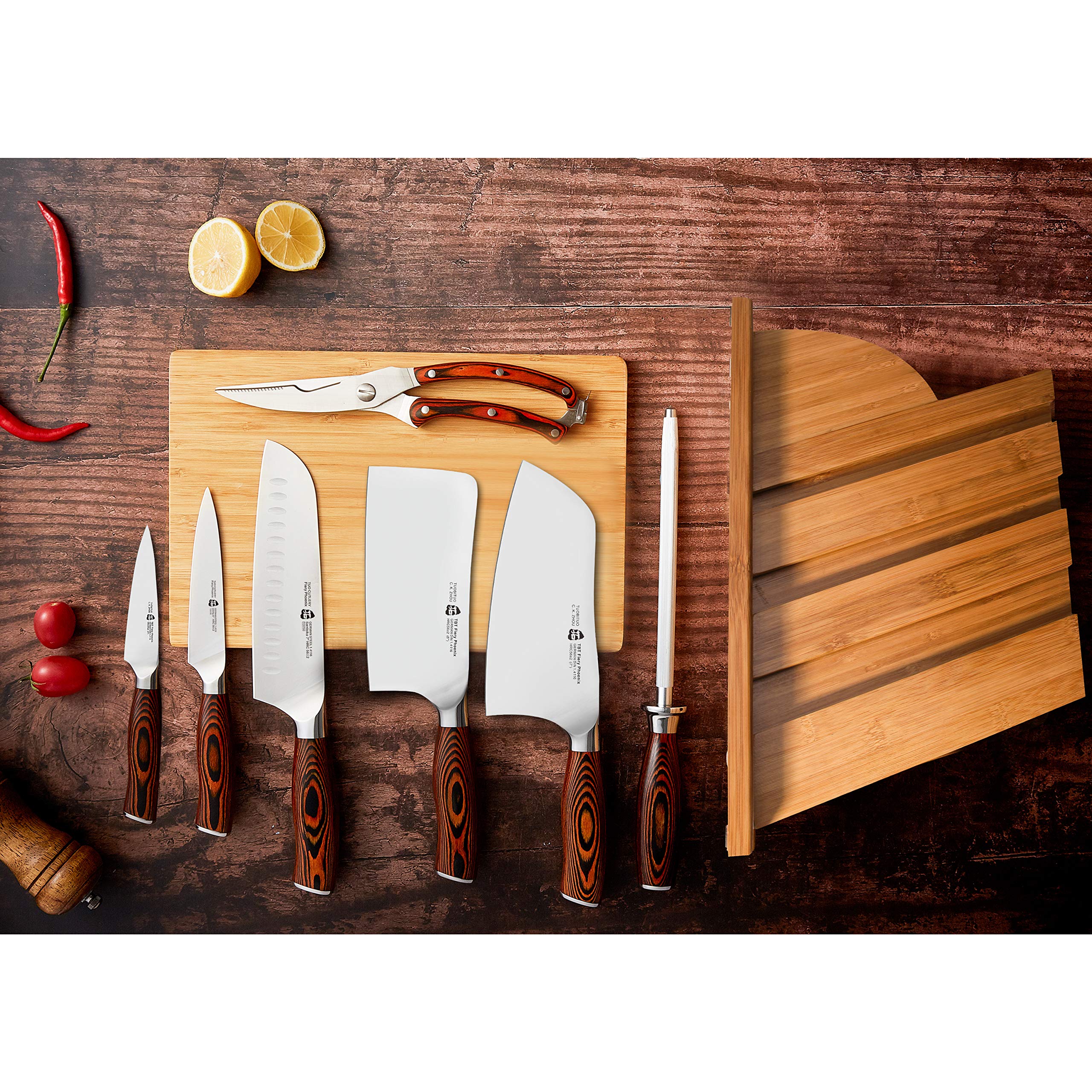 Premium 8-Piece Kitchen Knife Set - German X50CrMoV15 Forged Steel - Rust Resistant Full Tang Knives with Ergonomic Pakkawood Handles - Includes Wooden Storage Block - Fiery Phoenix Series - Perfect for Home Chefs, Cooking Enthusiasts & Professional Kitchens