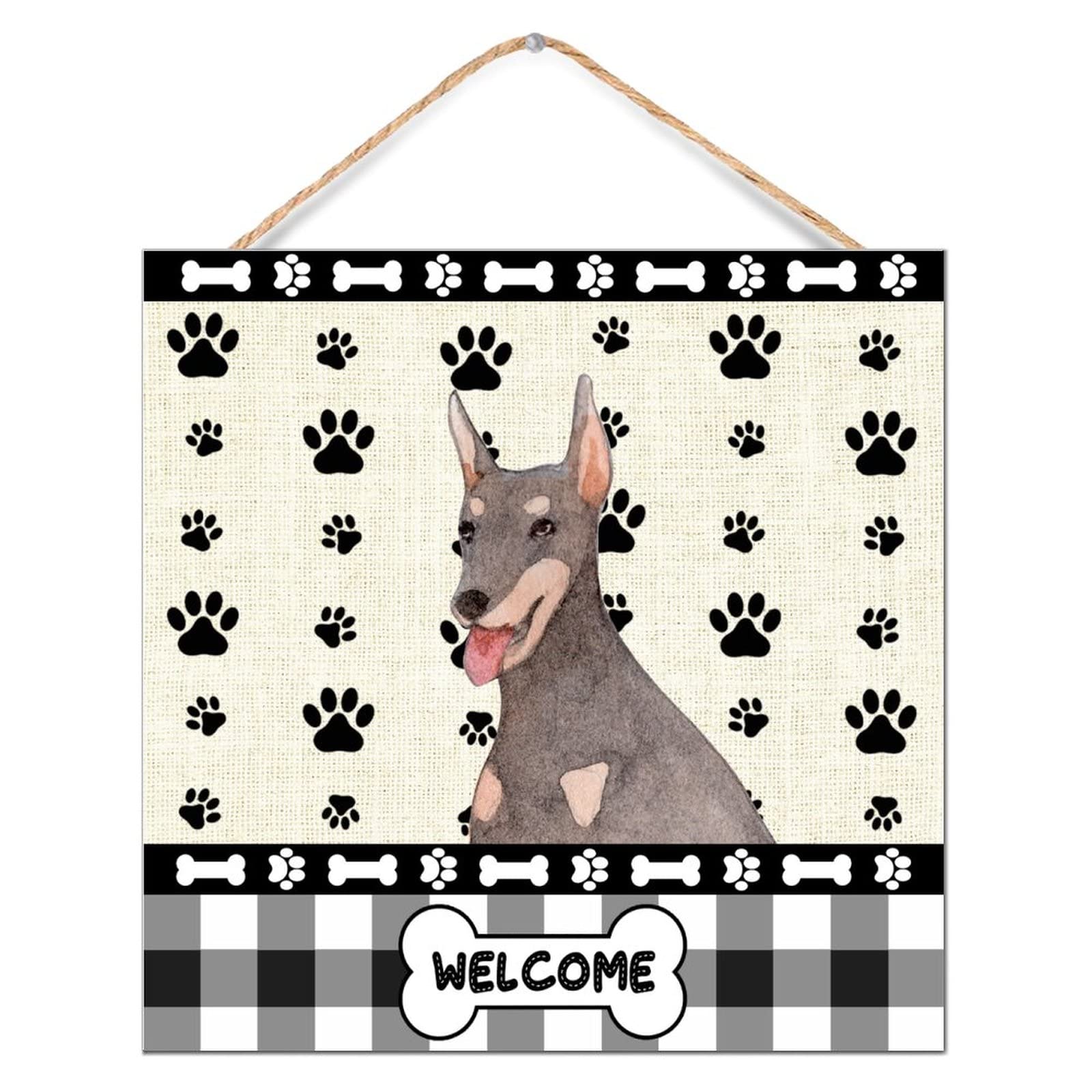 8x8 Inch Rustic Wooden Welcome Sign with Doberman Dog Paw Design - Farmhouse Wall Art Plaque for Door, Kitchen, Dining Room - Handcrafted Home Decor for Pet Lovers & Country Style Interiors (Perfect for Housewarming Gifts & Farmhouse Themed Spaces)