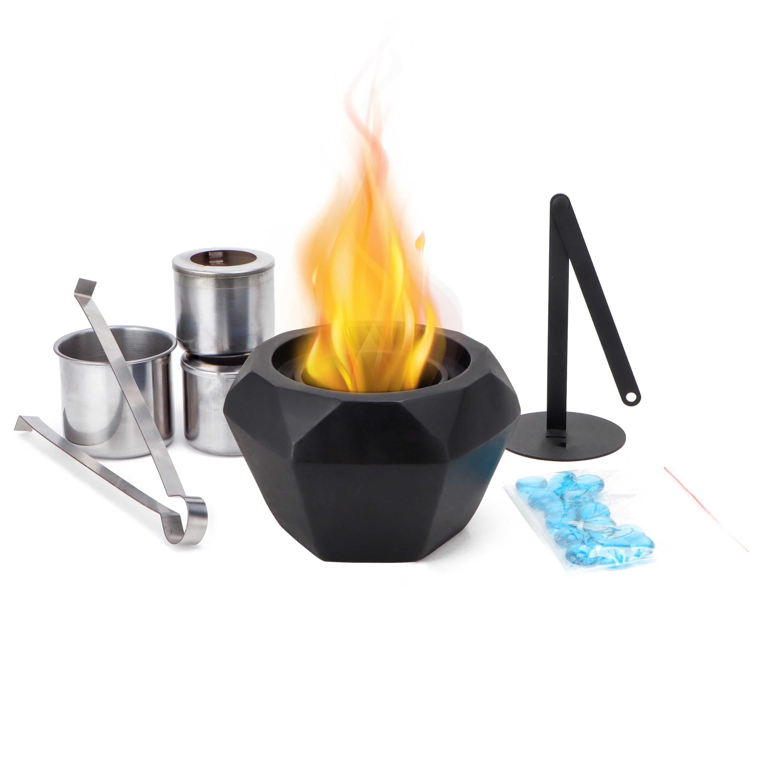 TRIROCKS Black Concrete Table Top Fire Pit Bowl with Ambient Colored Stones - Dual Alcohol Burners & Safety Extinguisher - Indoor/Outdoor Fireplace for Patio, Deck, Garden & Backyard Parties