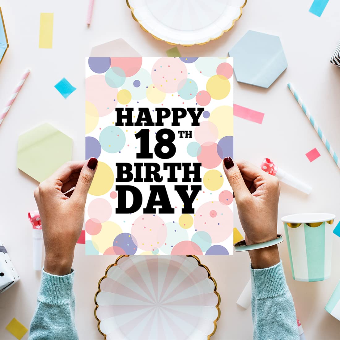Jumbo Happy Birthday Card with Envelope - Pastel Confetti 18th Birthday Greeting Card for Girls, Daughter, Granddaughter | 8.5