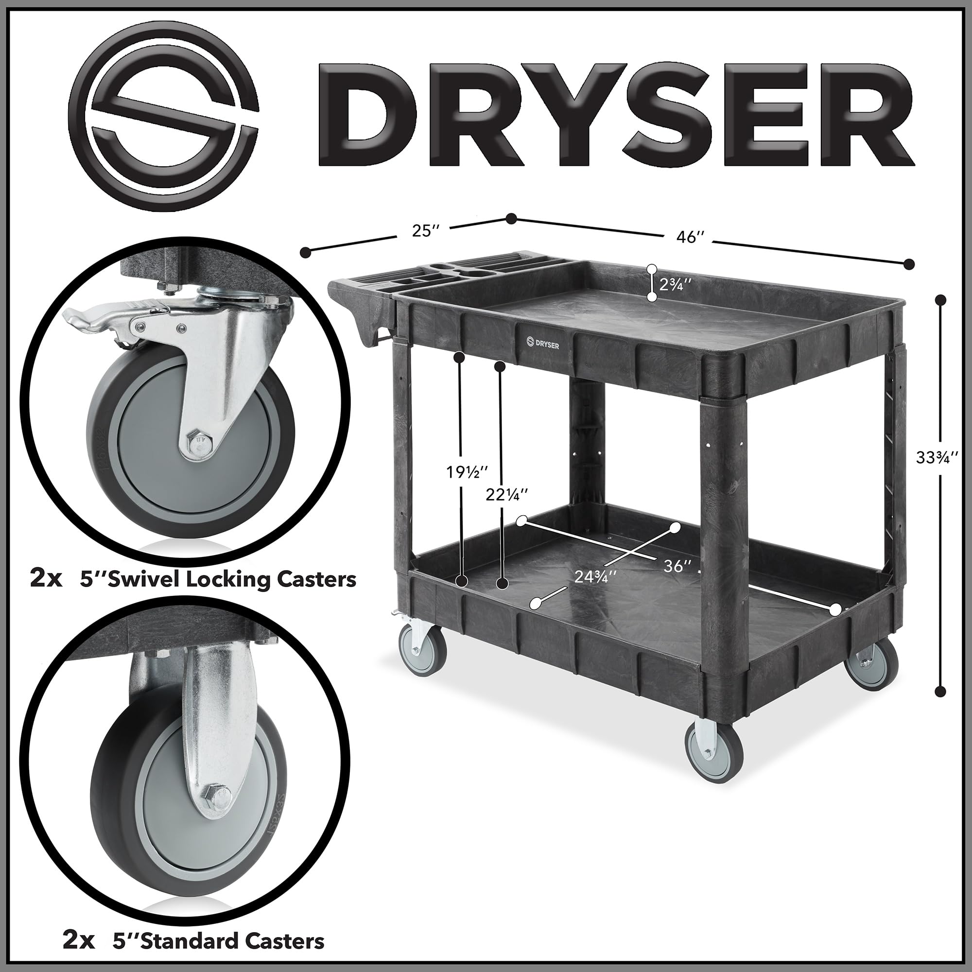 Heavy Duty 2-Tier Utility Service Cart with Wheels - 46
