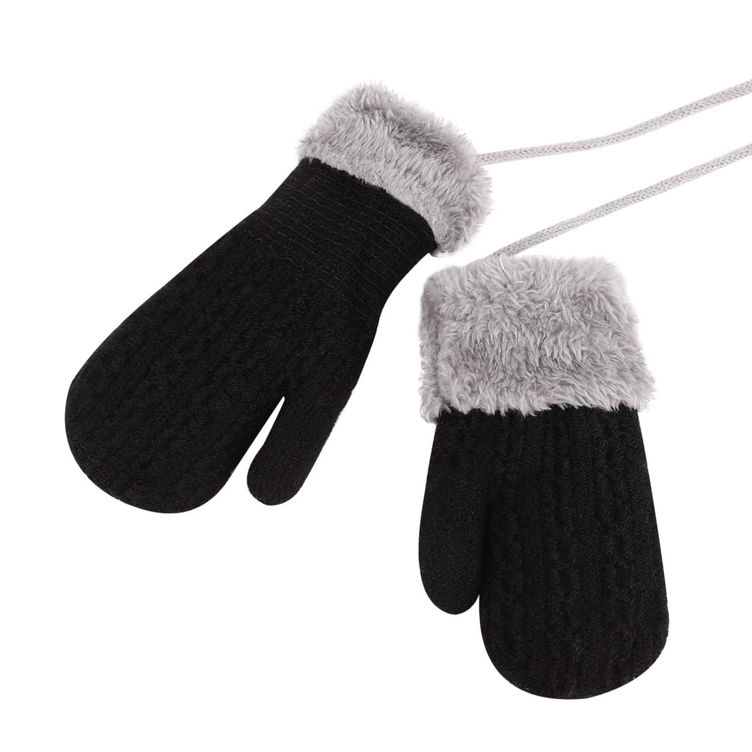 Kids Double Layer Knitted Winter Gloves for Toddlers 1-4 Years - Warm Plush Hanging Neck Mittens with Rope, Full Finger Wrist Protection - Perfect for Outdoor Play, Snow Activities & Christmas Gifts for Boys & Girls