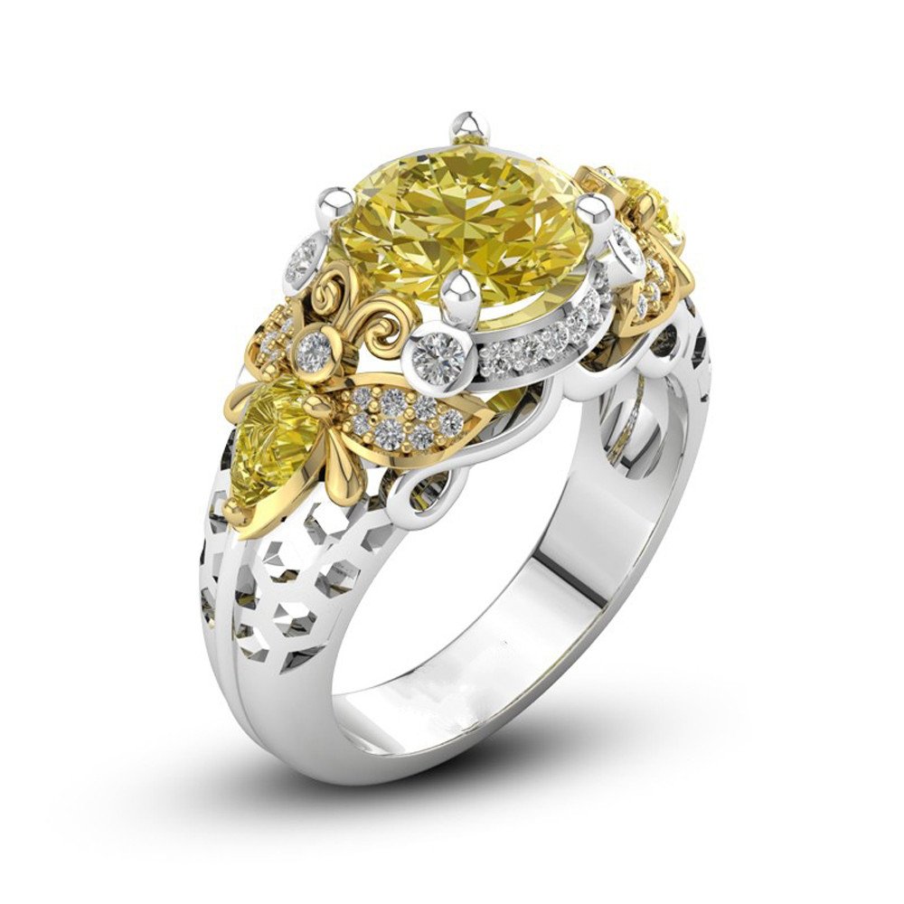 BEUU 2020 Elegant Hollow Yellow Diamond Bee-Shaped Rhinestone Ring - Engagement, Wedding, Promise Band for Women - Perfect for Valentine's Day, Anniversary & Special Occasions