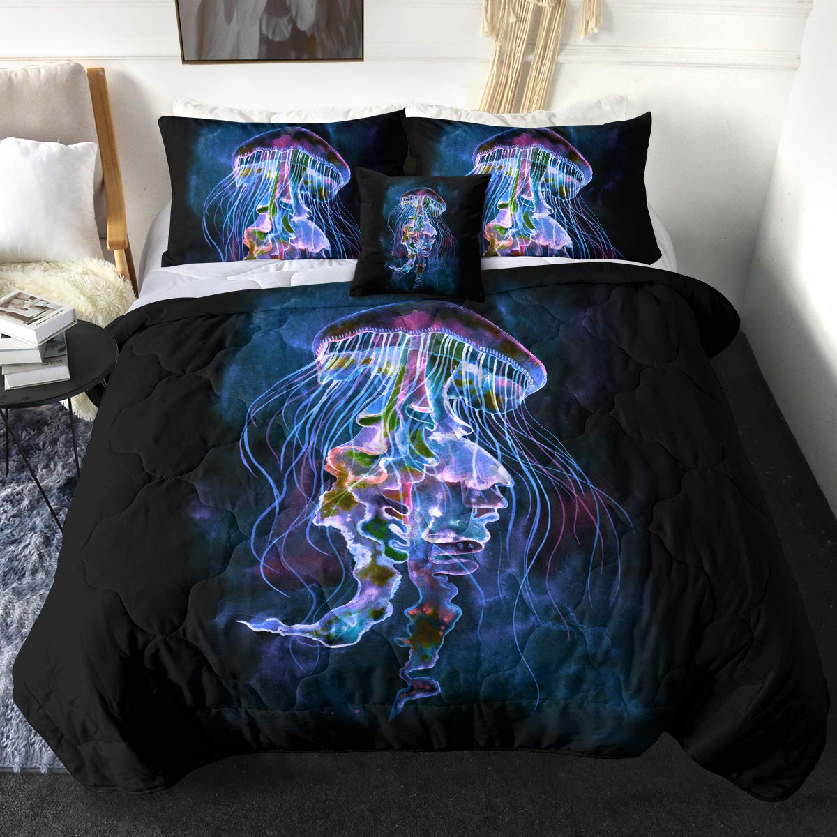 Sleepwish Ocean Creature 3D Kids Comforter Set - Neon Jellyfish Reversible Queen Size Bedding with 2 Pillow Shams & Cushion Cover | 4-Piece 3D Printed Bedding for Boys & Girls | Perfect for Kids' Rooms, Themed Bedrooms & Gift Giving