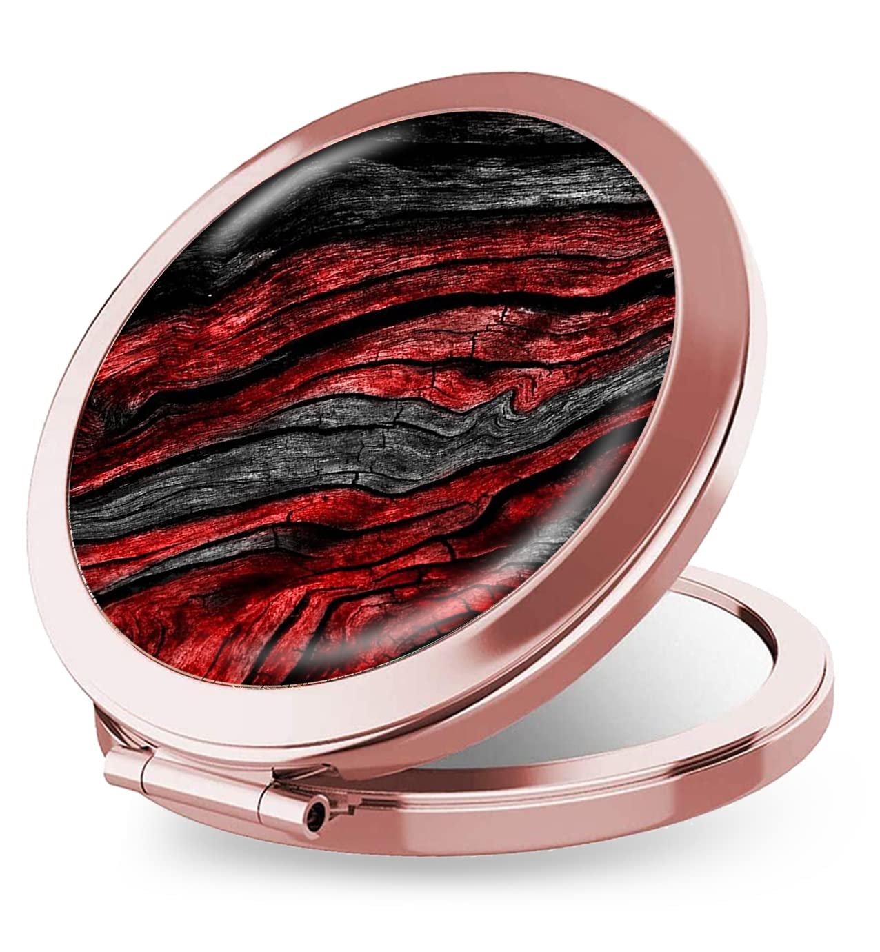 iampanda Compact Rose Gold & Black Red Wood Grain Makeup Mirror for Women - Round Mini Pocket Mirror for Purse, Vintage Portable Folding Travel Mirror with 2X Magnification - Perfect for Home, Office, Travel & Touch-Ups