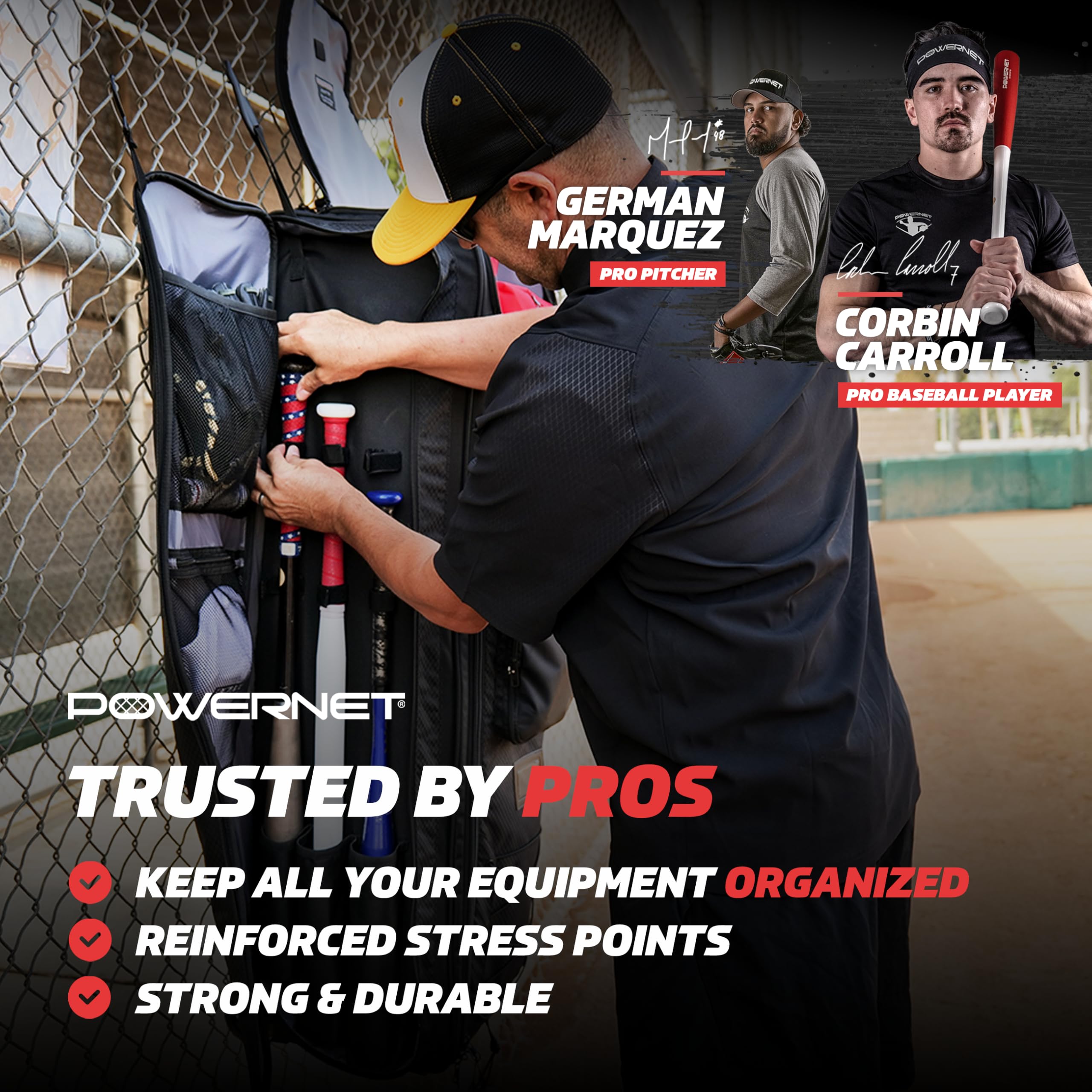 **PowerNet Baseball Bag - Durable Travel Bag for Softball & Baseball Gear - Fits Glove, Bat, Helmet & Catchers Equipment - Perfect for Games, Practice & Travel**