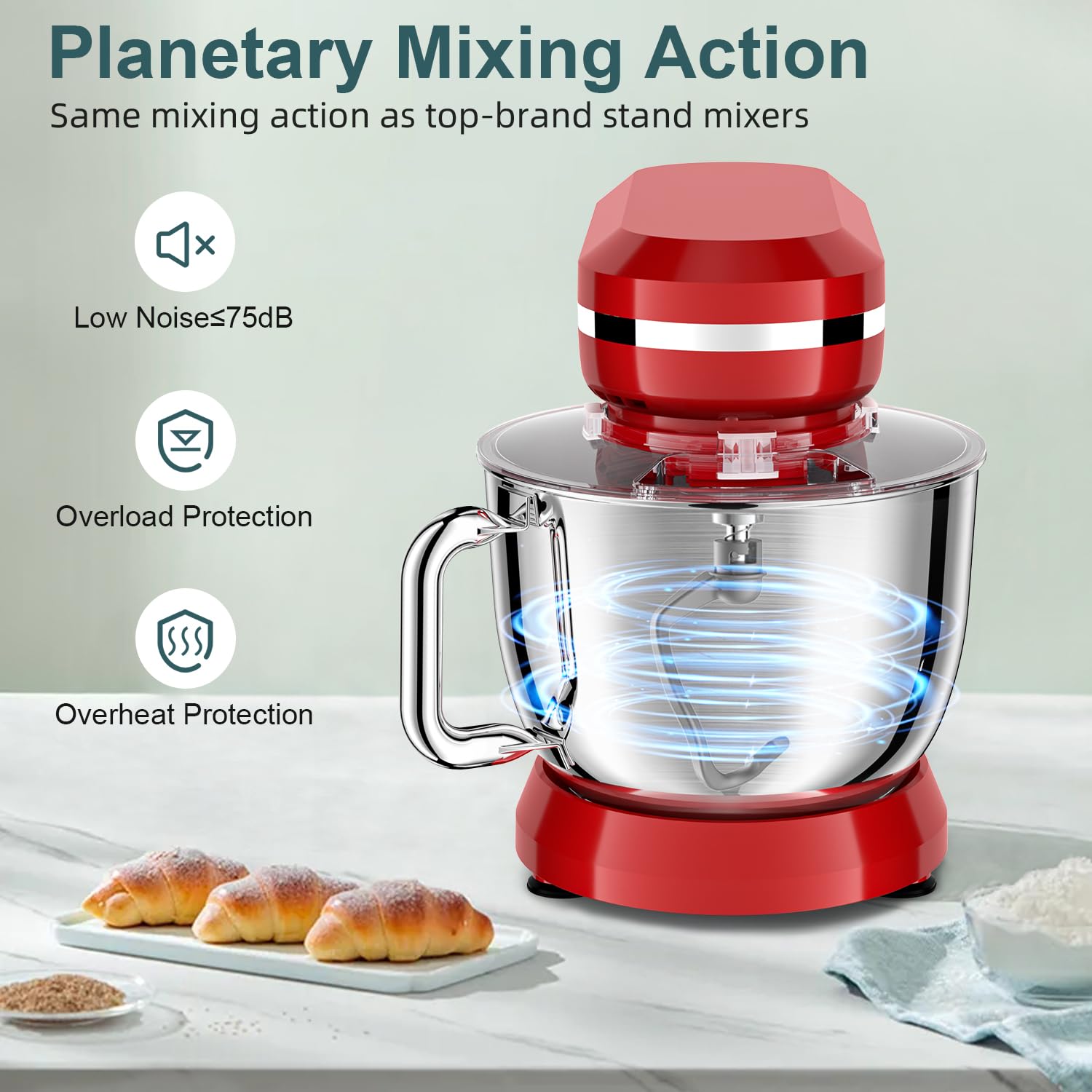 HOWORK 6.5QT Stand Mixer - 10+ Speed Electric Kitchen Mixer with Stainless Steel Bowl, Dough Hook, Wire Whip & Beater - Perfect for Baking, Cooking & Meal Prep - Ideal for Home Bakers & Cooking Enthusiasts (Bright Red)