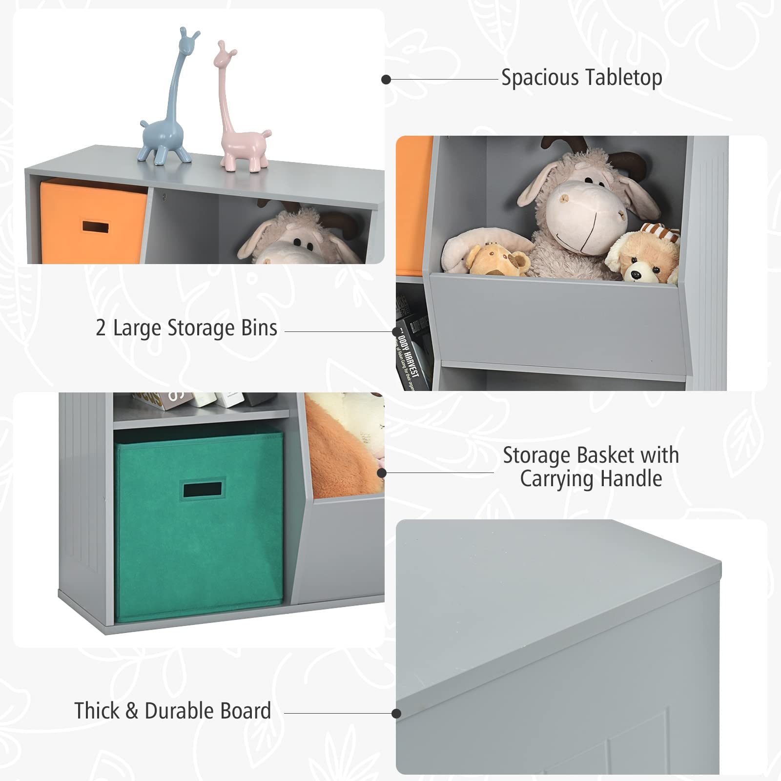 Costzon 5-Cubby Wooden Toy Storage Organizer with Bookcase & Bins - Kids Bookshelf & Toy Storage Cabinet for Toddlers - Playroom, Nursery, Daycare & Living Room Organization (Gray)