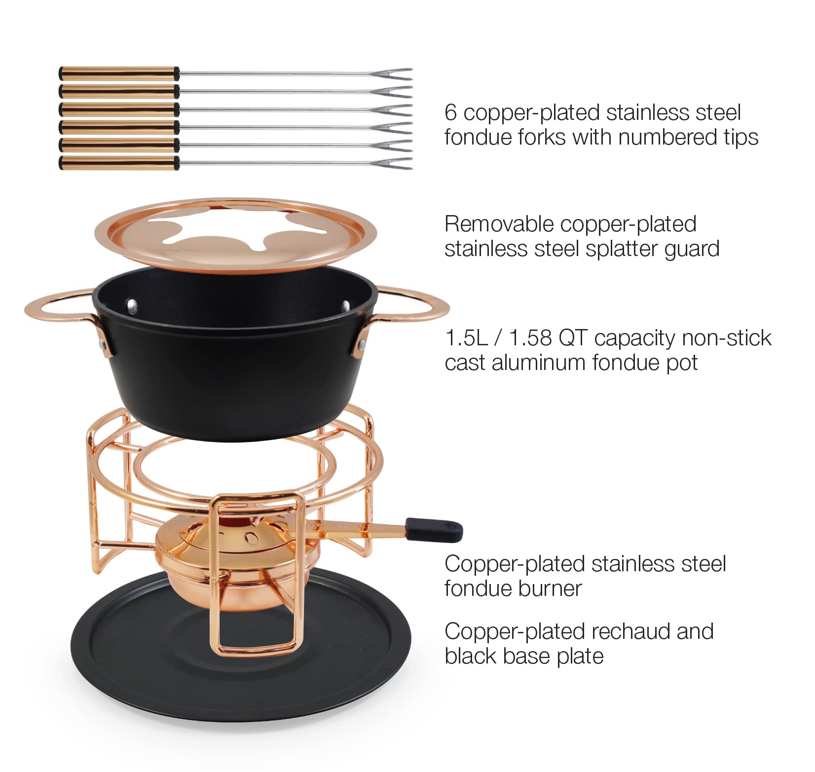 Swissmar 11-Piece Cast Aluminum Fondue Set with Forks - Black & Copper | Perfect for Cheese, Chocolate & Meat Fondue Parties | Elegant Entertaining & Family Gatherings