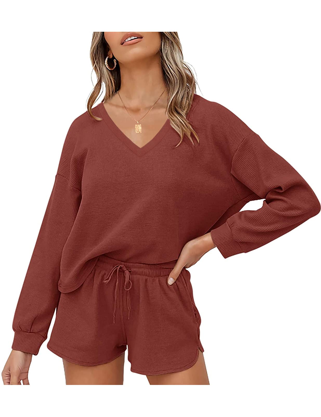 MEROKEETY Women's Long Sleeve Waffle Knit Lounge Set - Soft V-Neck Pajama Top & Shorts with Pockets | Cozy 2-Piece Sleepwear for Relaxing at Home, Lounging & Travel