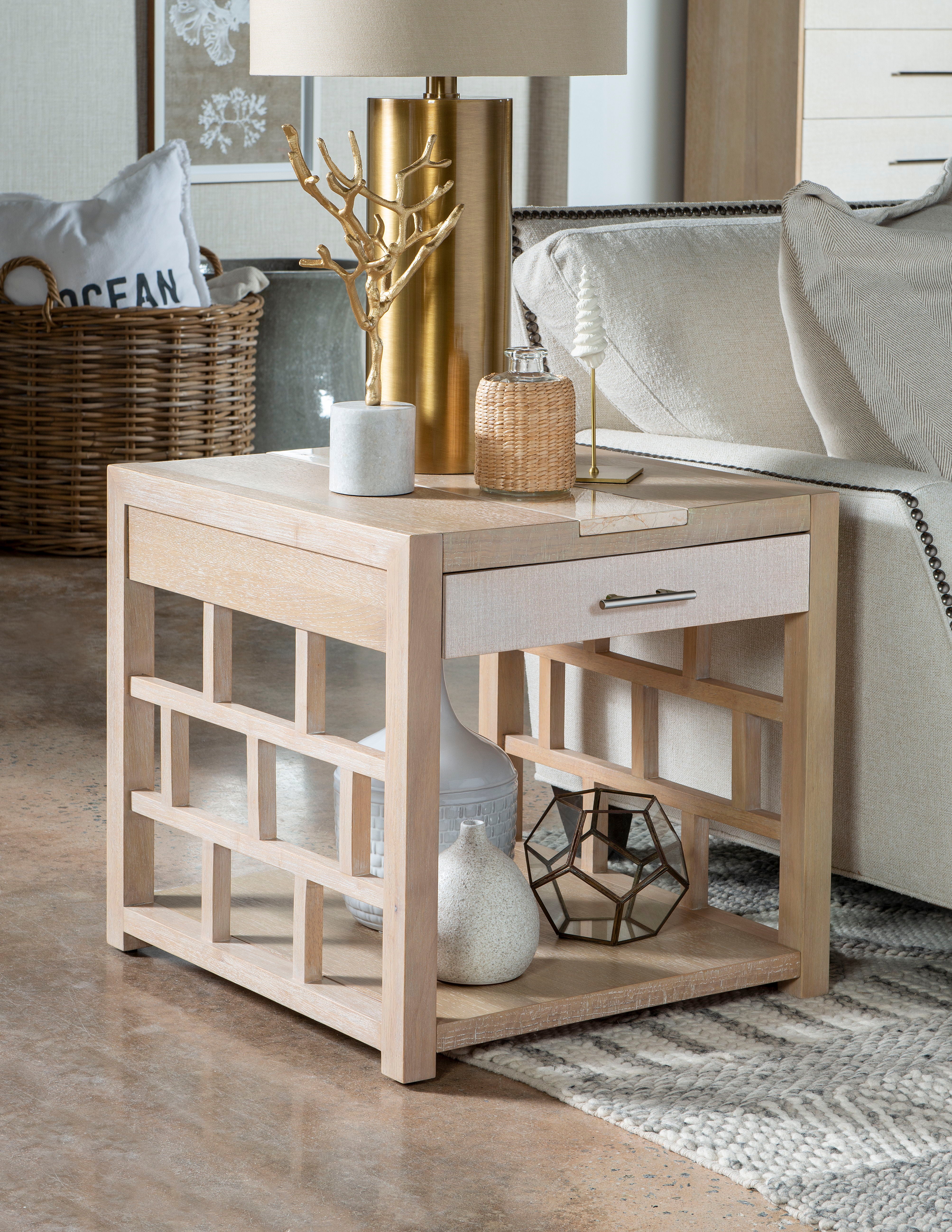 Biscayne Square End Table with Travertine Top - Beige Modern Side Table for Living Room, Bedroom & Office Decor