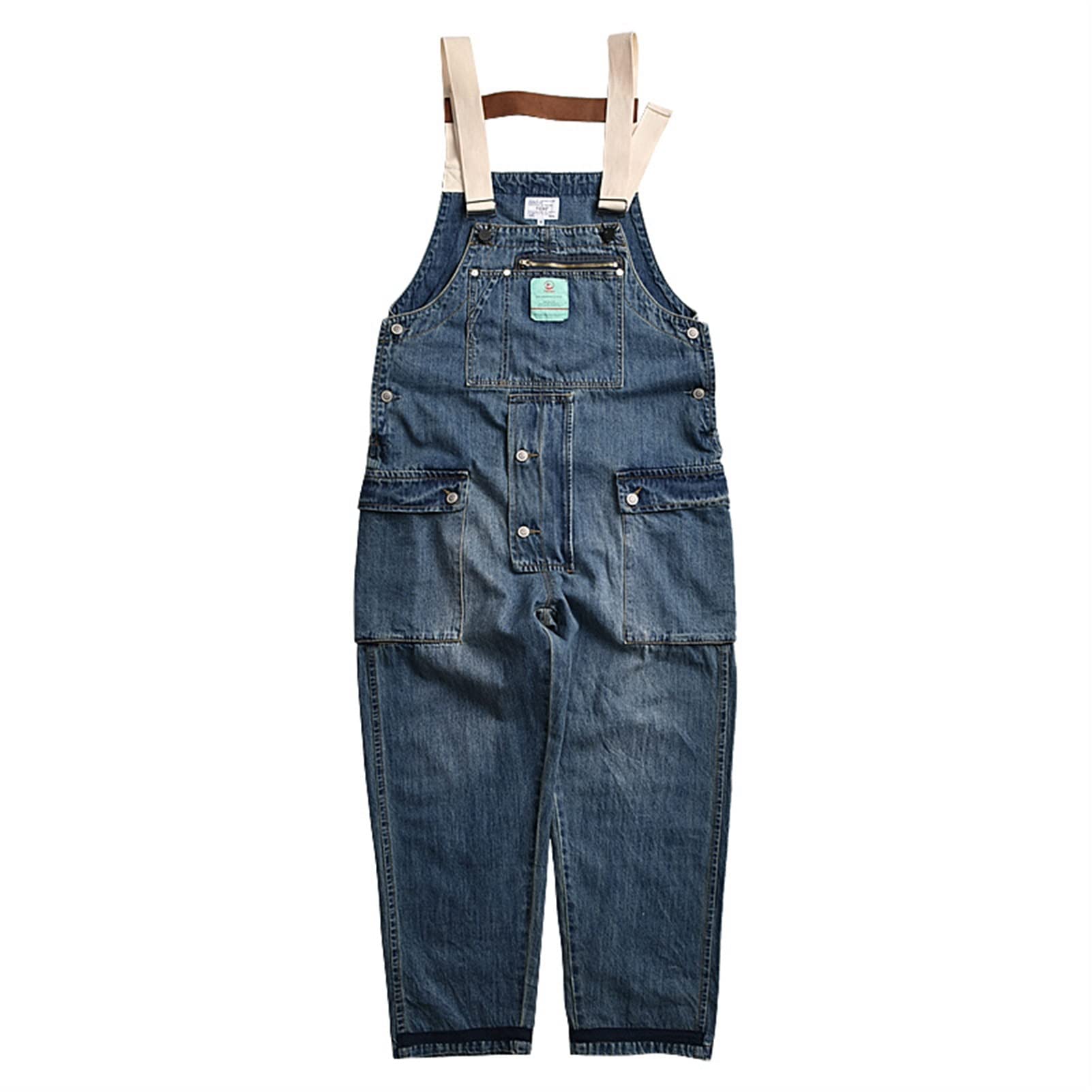 **Men's Casual Denim Bib Overalls with Big Pockets - Spring & Autumn Cargo Jumpsuit, Suspenders Trousers (Blue, Large) - Perfect for Workwear, Outdoor Activities & Vintage Fashion**