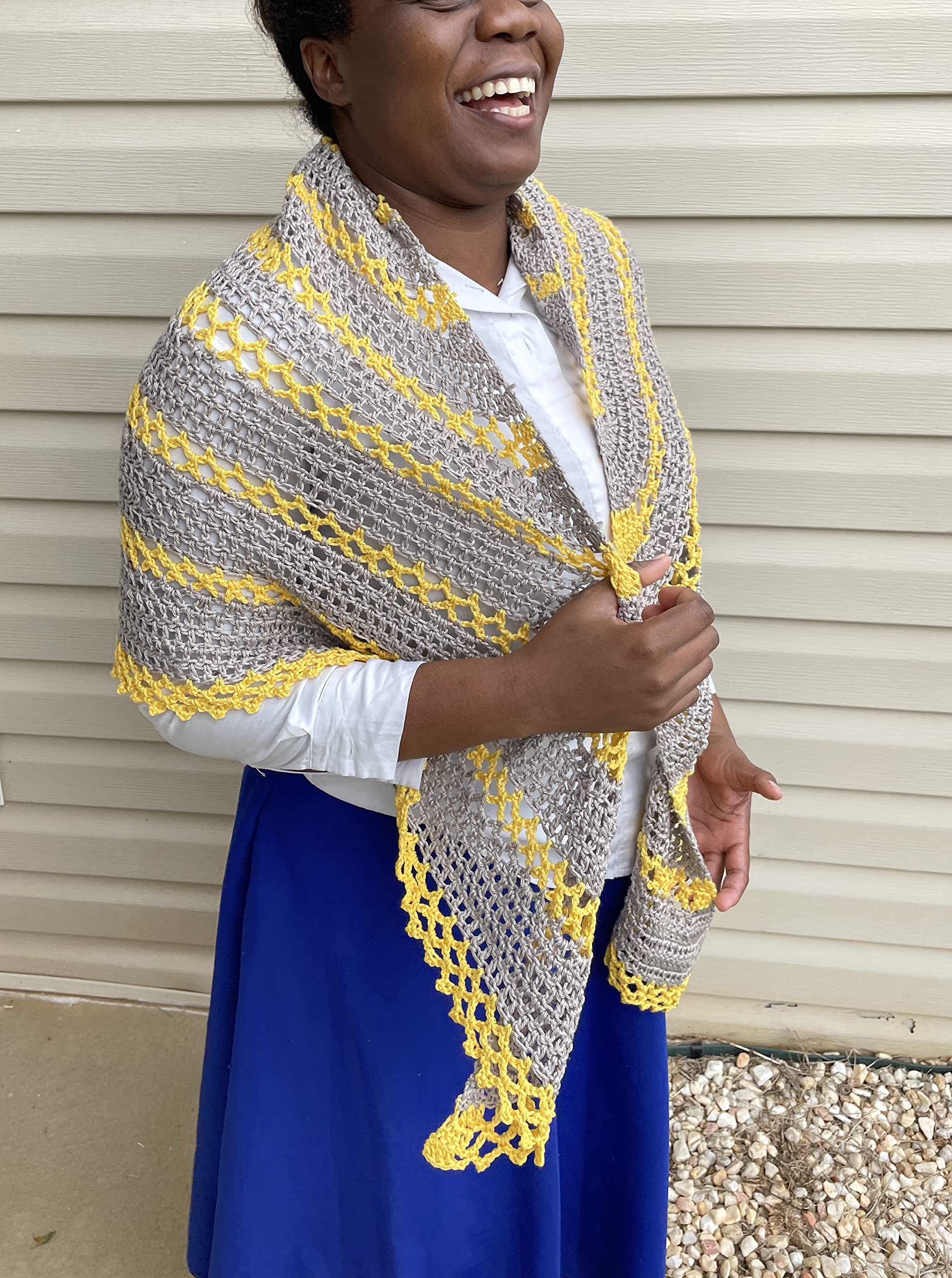 Gray and Yellow Striped Lacy Crochet Shawl - Large Triangle Wrap Scarf with Mesh Lace Design, 100% Pure Cotton - Perfect for Beach Cover-Up, Boho Fashion & Evening Events