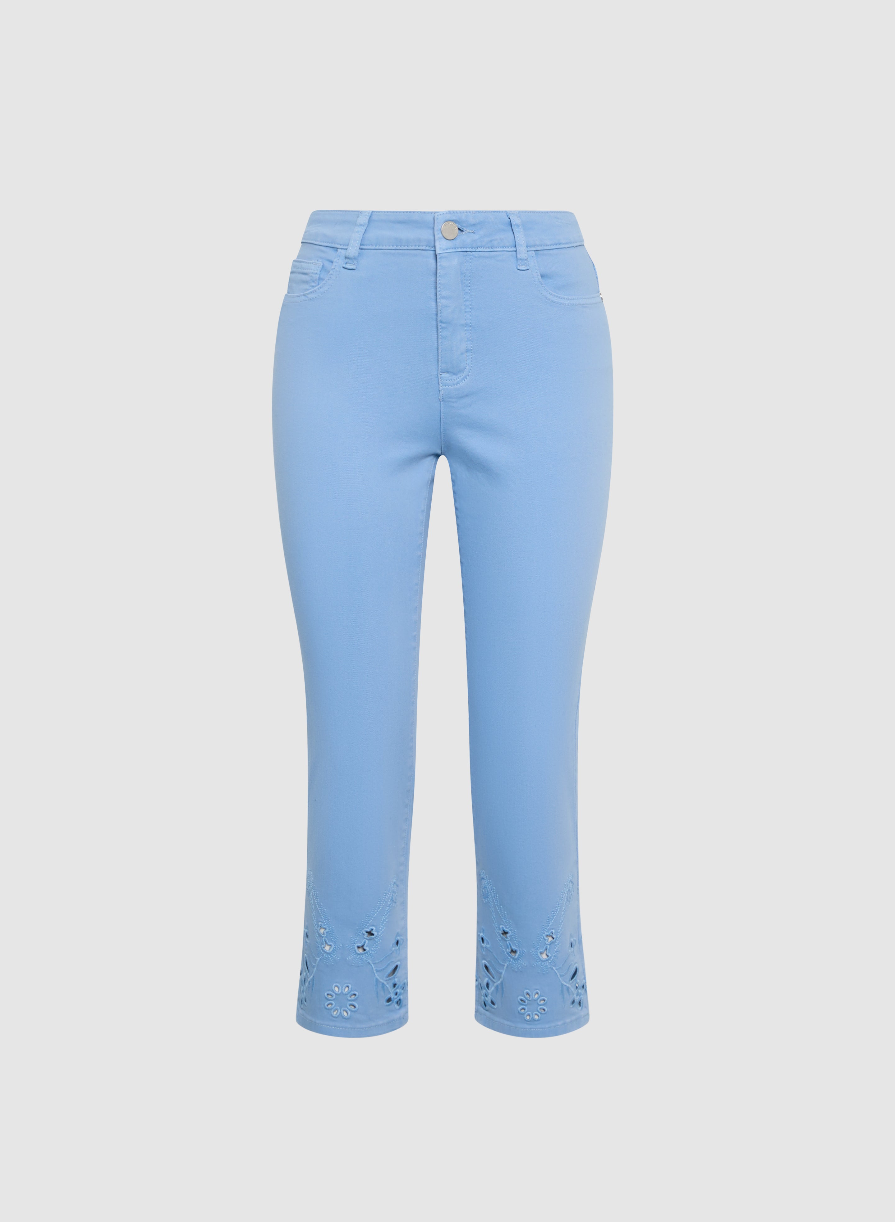 Stylish Denim Embroidered Hem Capris for Women - Trendy Summer Casual Pants with Floral Design - Perfect for Beach Outings, Shopping & Date Nights