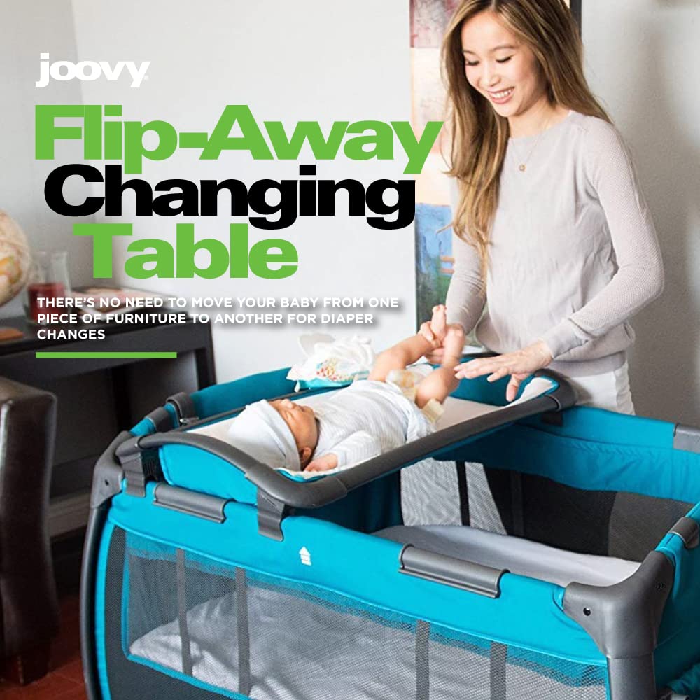 Joovy Room-Playard - Portable Baby Playpen with Bassinet, Changing Table & Nursery Center in Slate Gray | Perfect for Home, Travel & Daycare Use