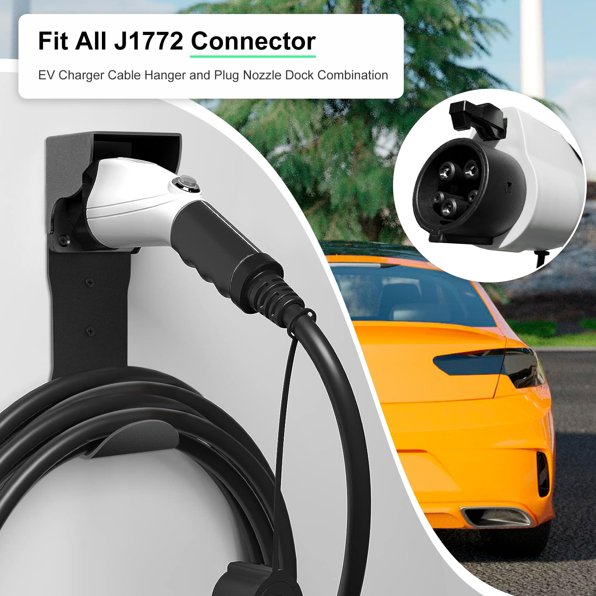 VarCozy EV Charger Holder Set - Wall Mount SAE J1772 Charging Box & Nozzle Holster Dock with J-Hook - Organizer for Electric Car Charging Cable - Perfect for Home Garage & Outdoor Parking Use
