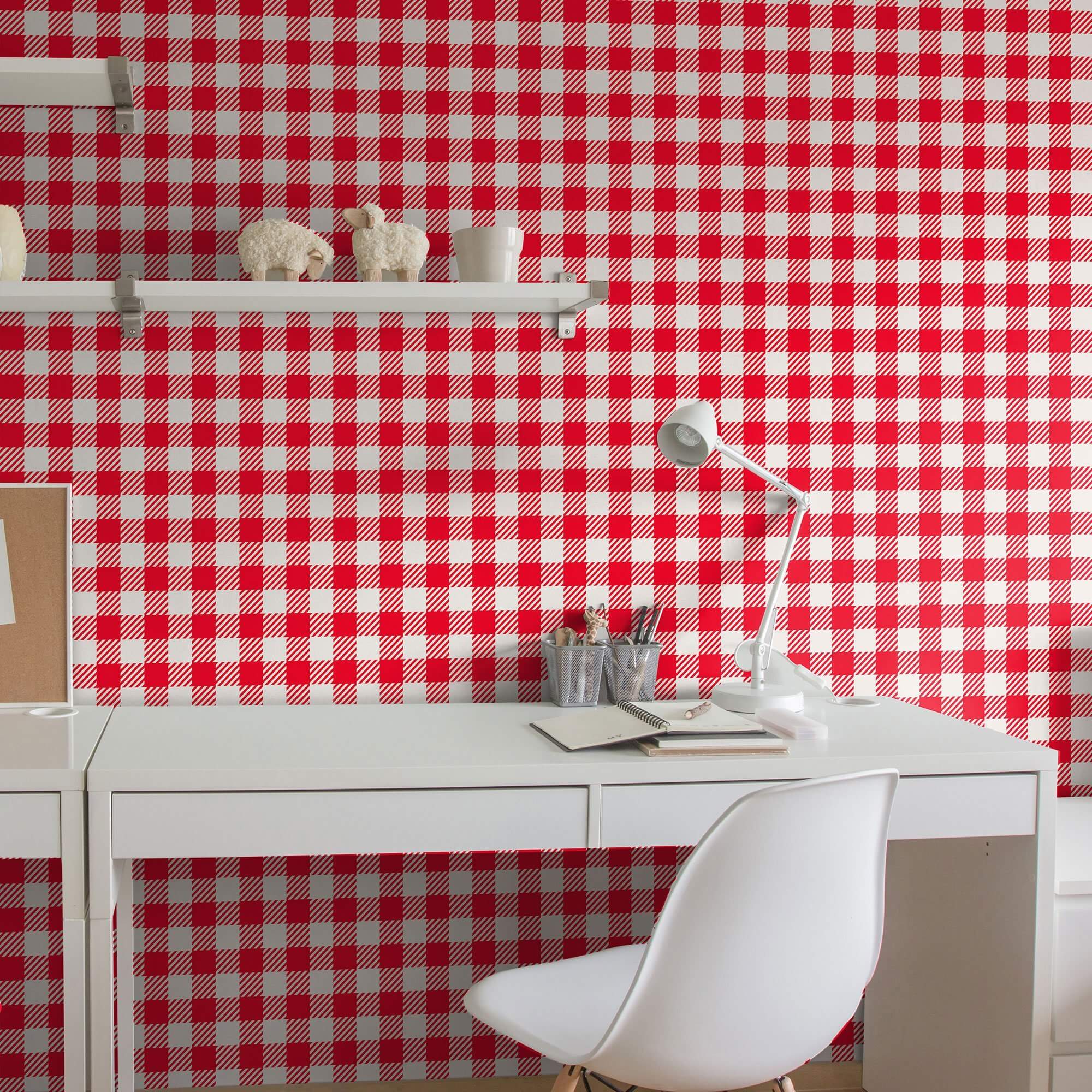Red and White Plaid Peel and Stick Removable Wallpaper 6879 - Self-Adhesive Decorative Wall Covering for Bedroom, Living Room, Office & Dorm Decor