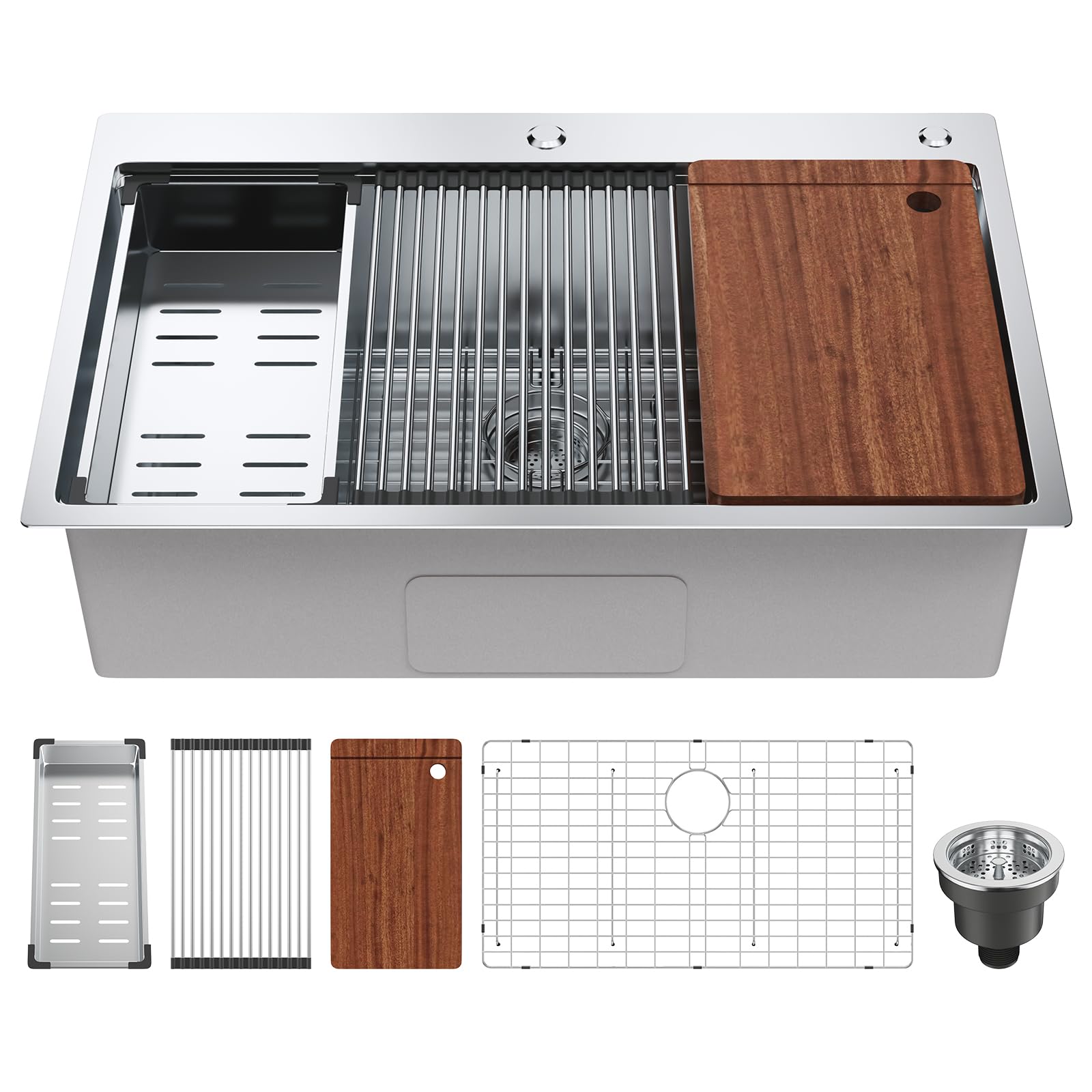 VEVOR 33 Inch 304 Stainless Steel Drop-In Kitchen Sink - Single Bowl Top Mount Sink with Drainboard & Accessories - Perfect for Home Kitchen, RV, Bar Prep & Dishwashing Station - Durable Workstation Sink for Commercial & Residential Use