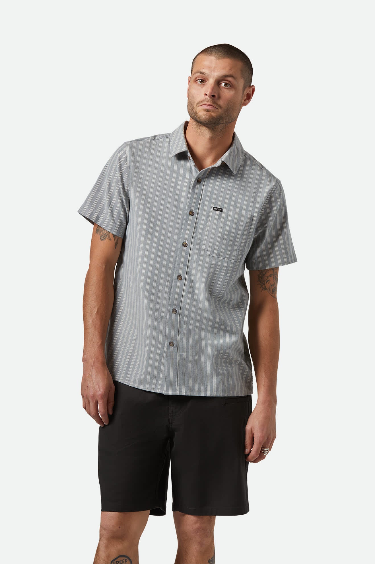 CRU Oxford Stripe Short Sleeve Shirt for Men - Basalt Blue & White Stripe Casual Button Down Shirt | Perfect for Office, Business Casual & Summer Outfits