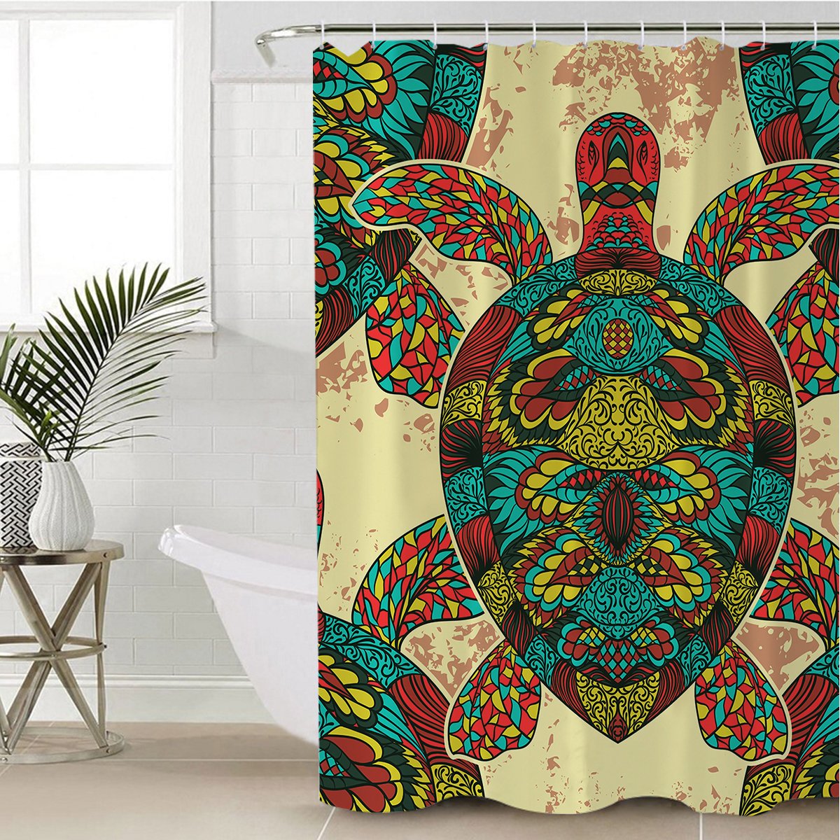 Bohemian Sea Turtle Shower Curtain - Waterproof Bathroom Decor with Ocean Theme for Coastal & Nautical Bathroom Design | Perfect for Beach House, Vacation Rental or Kids' Bathroom