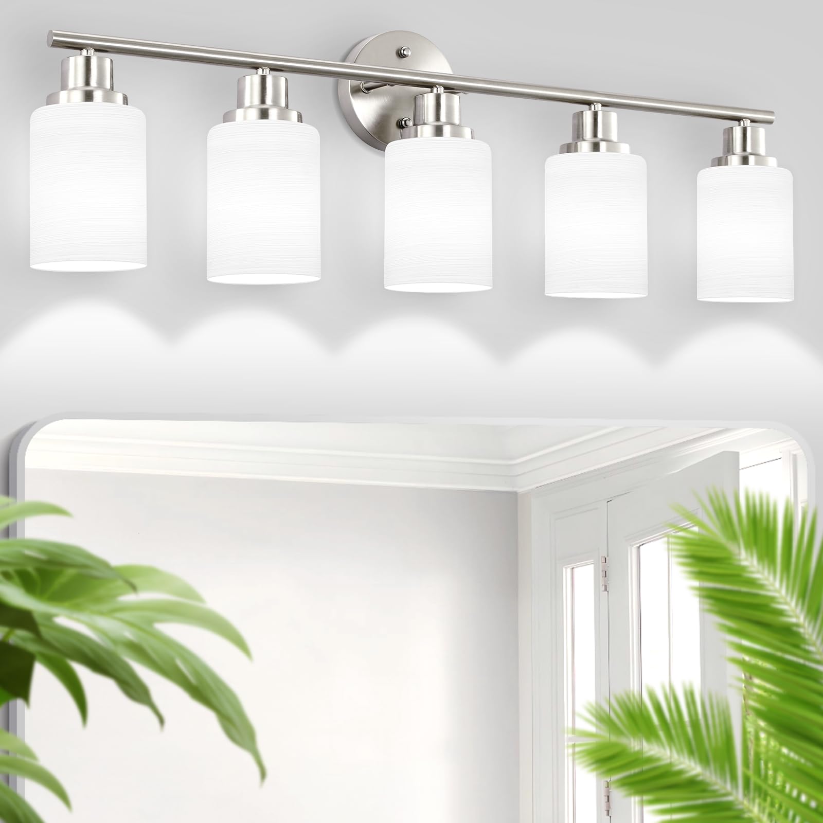 5-Light Brushed Nickel Bathroom Vanity Light Fixture with Frosted Glass Shade - Modern Mirror Lighting for Bathroom, Bedroom & Dressing Room