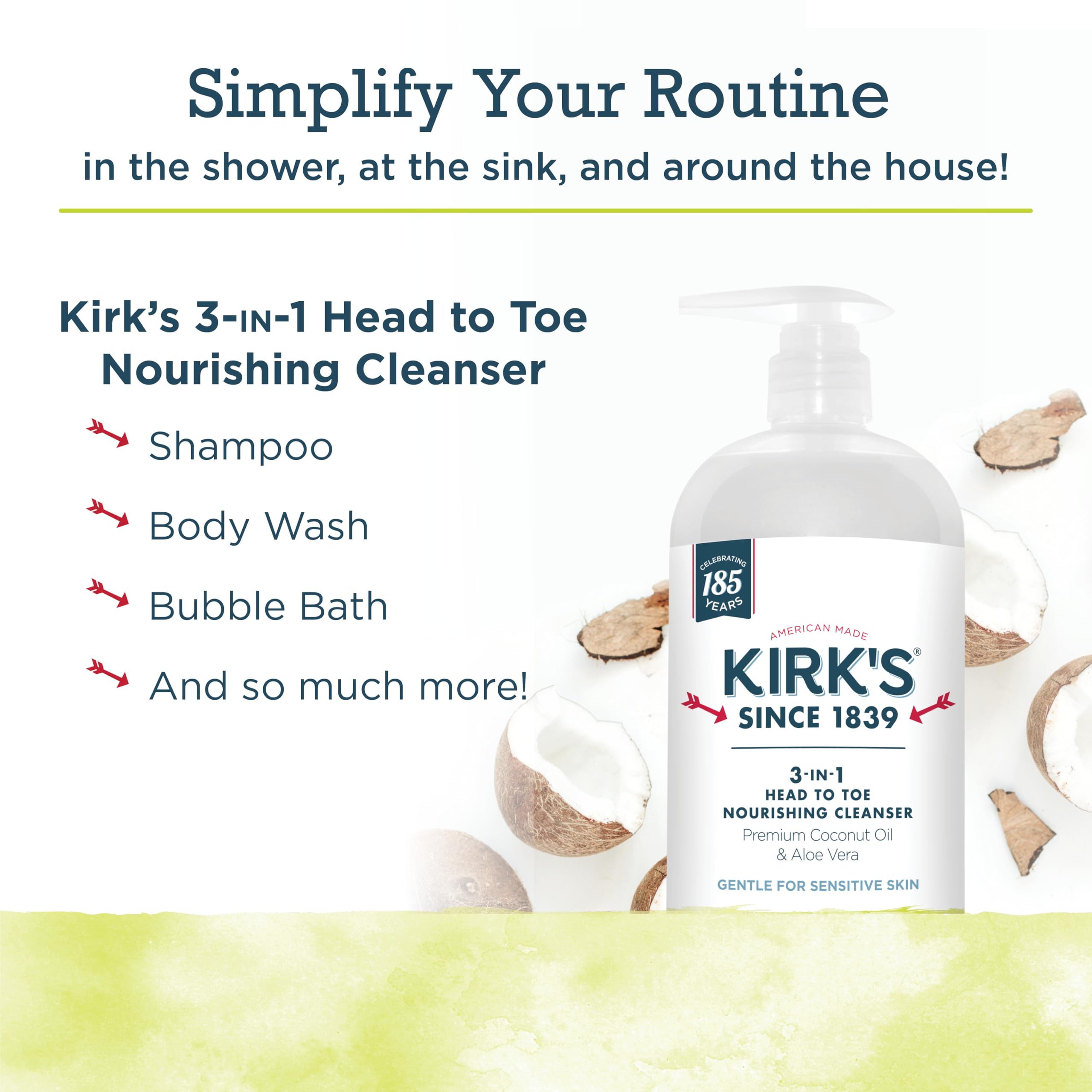 Kirk's 3-in-1 Castile Liquid Soap Travel Size (1.13 oz) - Natural Head-to-Toe Cleanser for Men, Women & Kids | Shampoo, Face Wash & Body Soap | Refreshing Juniper & Lime Scent | Perfect for Travel, Camping & Gym Bags | 32 Fl Oz Bottle